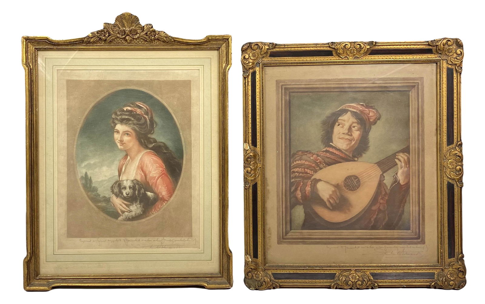 Pencil Signed Figural Colored Mezzotint Prints x 2: One print titled The Lute Player after a painting by Frans Hals ~ 17th century Dutch artist. The other is titled Lady Hamilton after a painting by 18th century artist George Romney. Frames measure fro