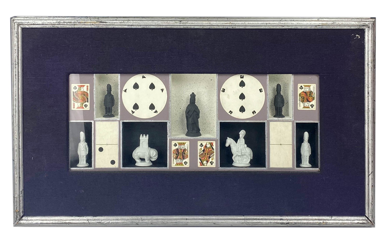 British East India Co Chess Pieces & Playing Cards: A framed collection of antique chess pieces and playing cards, all produced in the Georgian Regency style. Stoneware figurines measuring 2.75" to 3.75", with pieces including pawns (British redcoats),