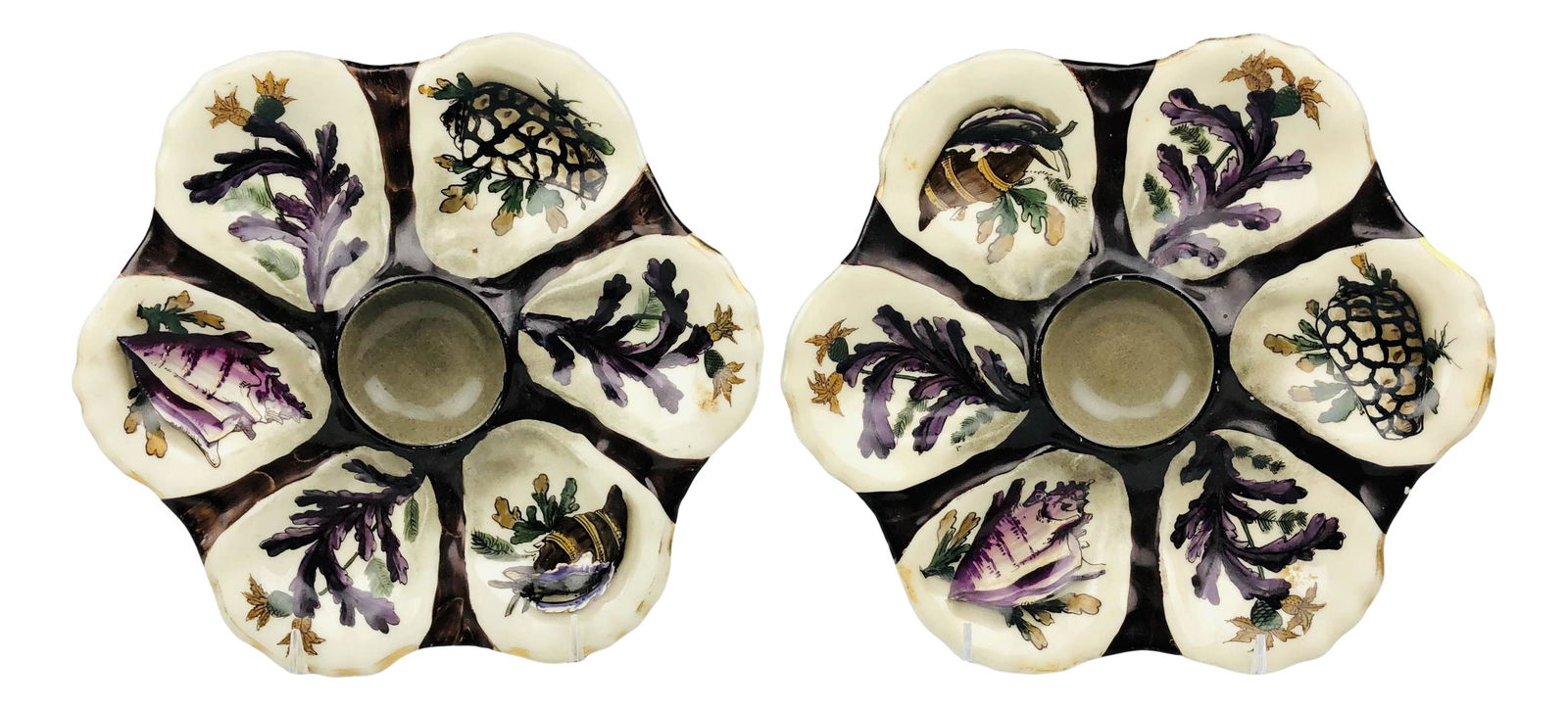 2 Antique Majolica Painted Kelp Shell Oyster Plate (1 of 9)