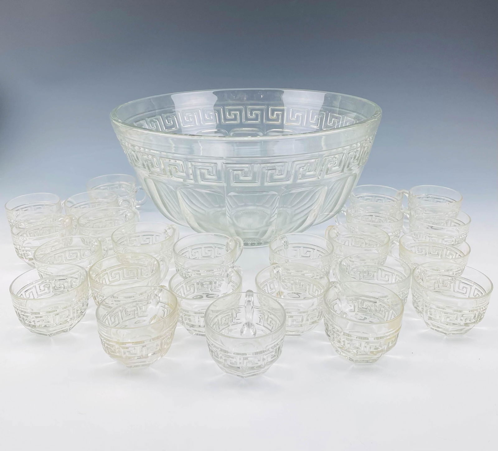 Heisey Glass Greek Key Clear Punch Bowl w/ 24 Cups (1 of 6)