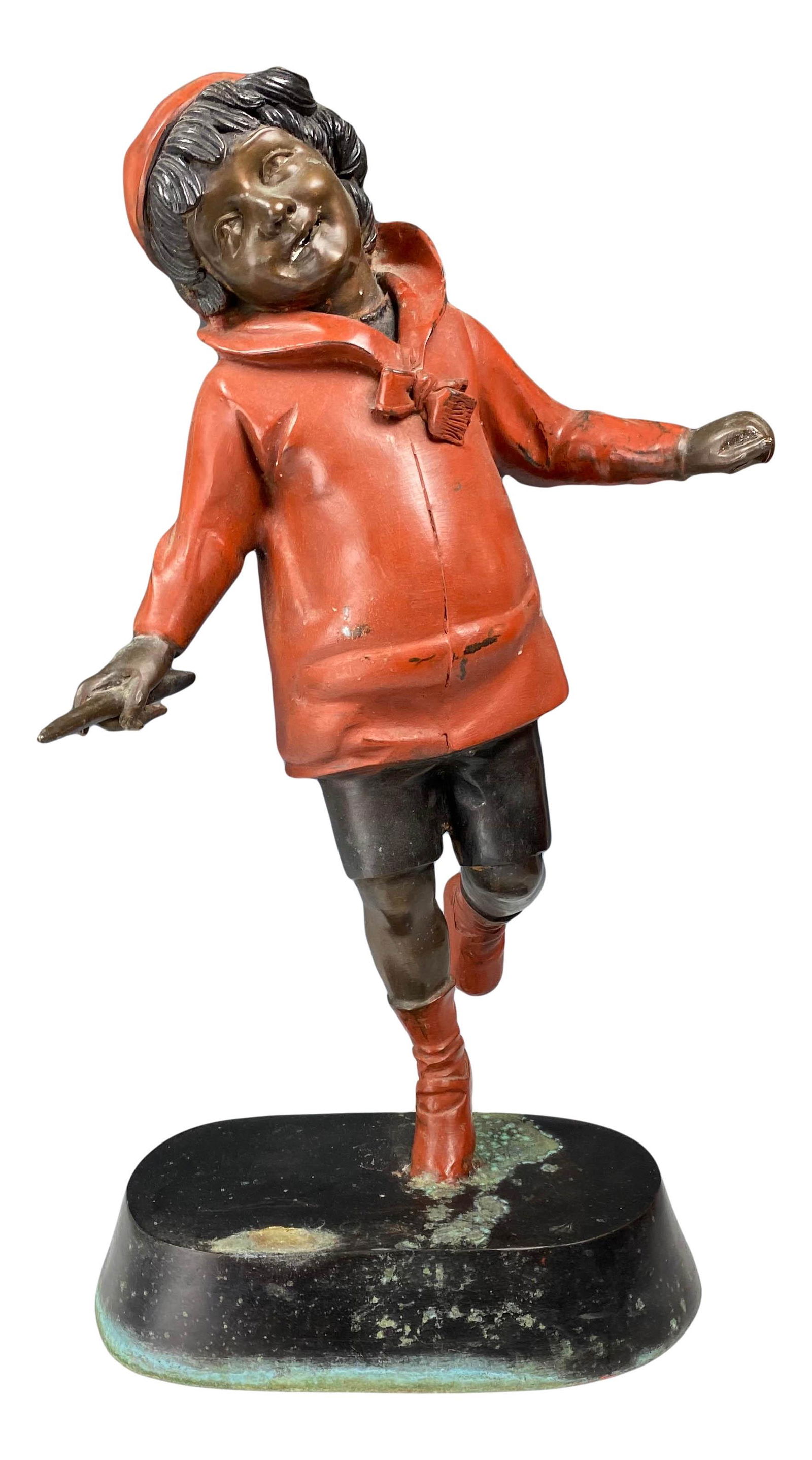 Boy w/ Red Coat & Boots Bronze Painted Sculpture (1 of 6)