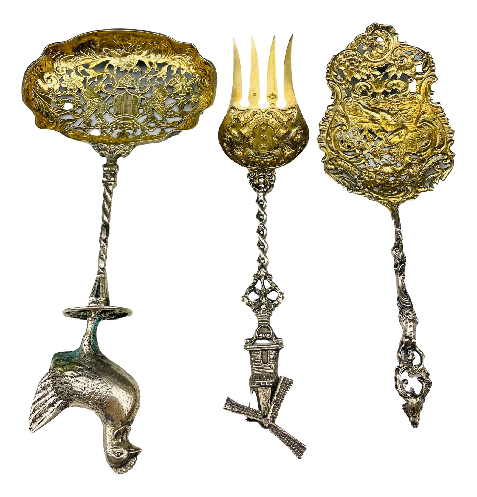 800 Gilt Silver Pierced Serving Spoon Fork Ladle (1 of 8)