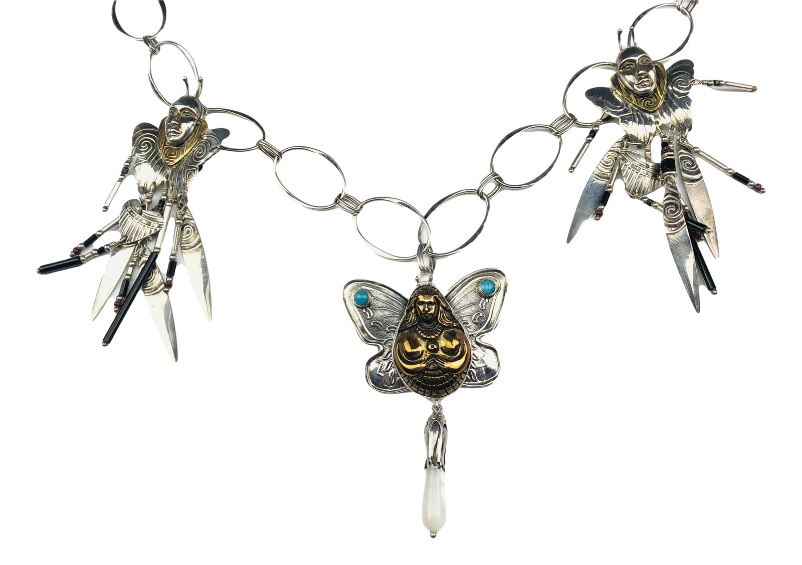 Robert Lee Morris RLM Sterling 925 Charm Necklace: Robert Lee Morris ( American, born 1974 - ) jewelry designer and sculptor. Features an oval link chain necklace with suspended charms, some that are signed Tabra 925 ( Tabra Tunoa ~ internationally kn