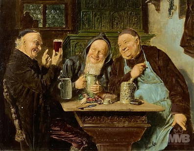 Figural Tavern Scene Embellished Print on Board: Subject matter depicts a Dutch style tavern scene with seated men enjoying their ale and beer drinking from large lidded steins. Artwork embellished with painted highlights. Housed in a gold gilt plas