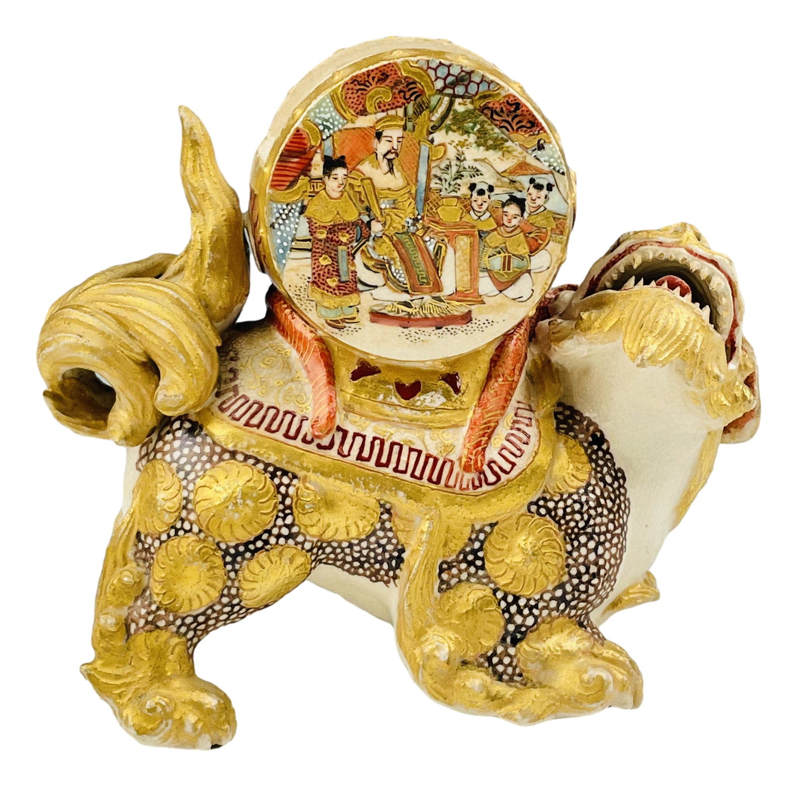 Antique Satsuma Lion Dog Japanese Porcelain Box: Features this legendary and mythological temple palace guardian in standing poses with bared teeth, supporting a drum form with painted figural scenes on opposite sides, the remainder with gold and pa