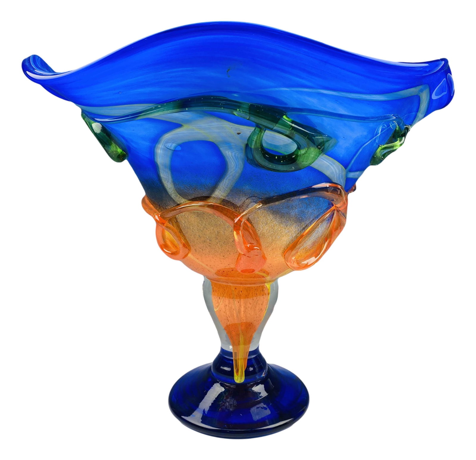 Marcel Saba Studio Art Glass 13" Centerpiece: 20th century large hand blown art glass vase by well known French glassmaker ~ Marcel Saba of Biot, France. Shaped in the form of a cup with a scalloped rim atop the tapered body over spreading circul
