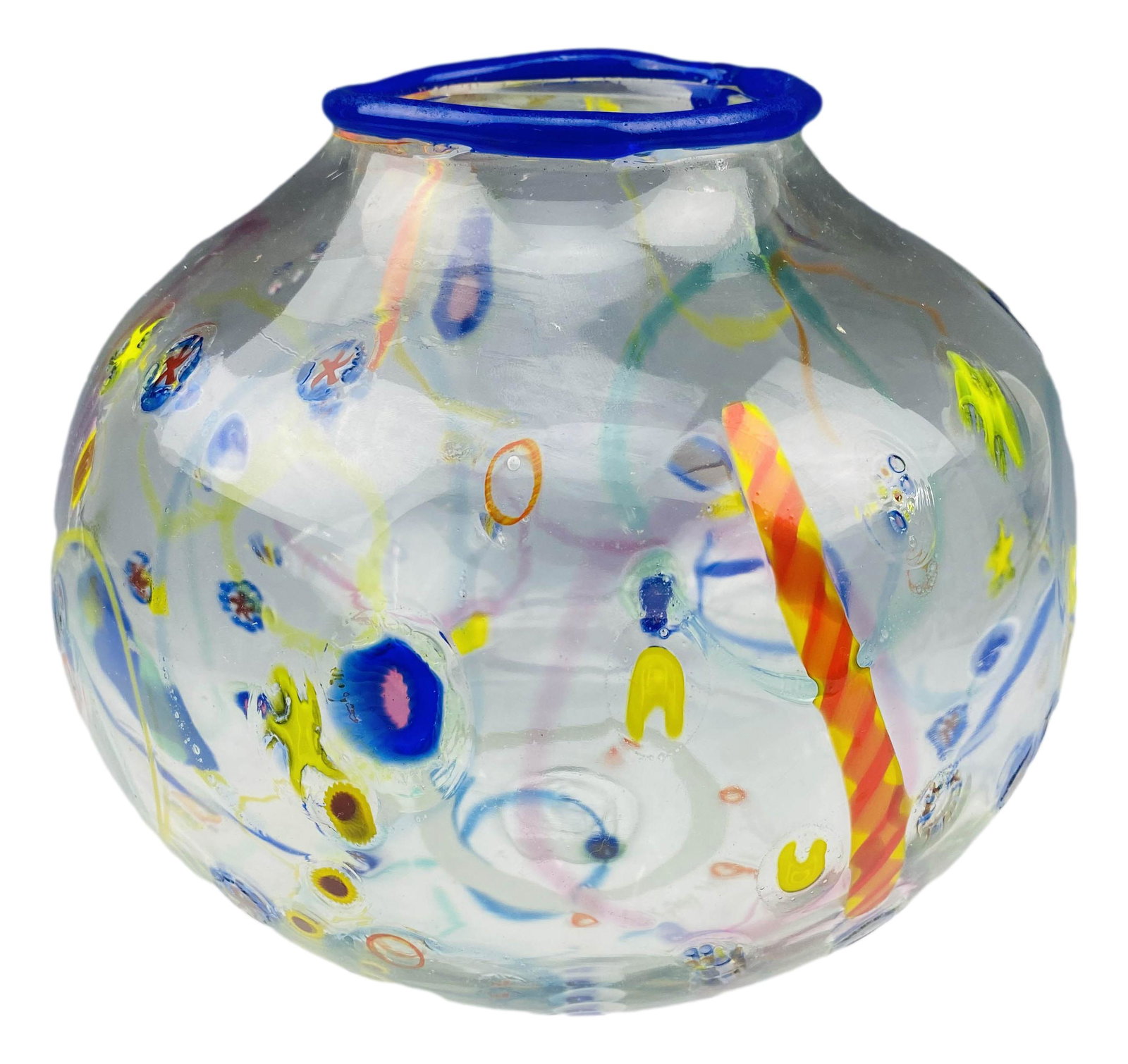 Ursa Major France Millefiori Blown Glass Fish Bowl: 20th century studio hand blown round glass fish bowl. Graced with embedded millefiori canes and rods of colored glass, against a clear colorless ground. Applied cobalt blue glass rim to the mouth open