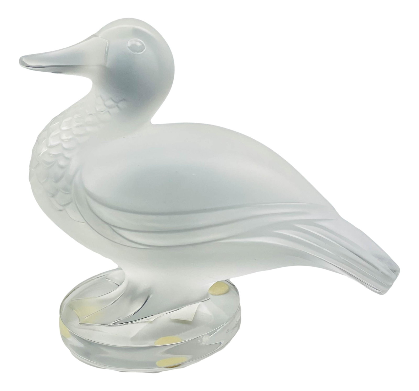 Lalique Frosted Crystal Art Glass Duck Sculpture: 20th Century "Gedeon Canard Duck" sculpture. Features this duck bird in standing pose with a frosted body, textured breast and webbed feet on a clear circular glass base. Measures 4 1/2" x 5", Signed 