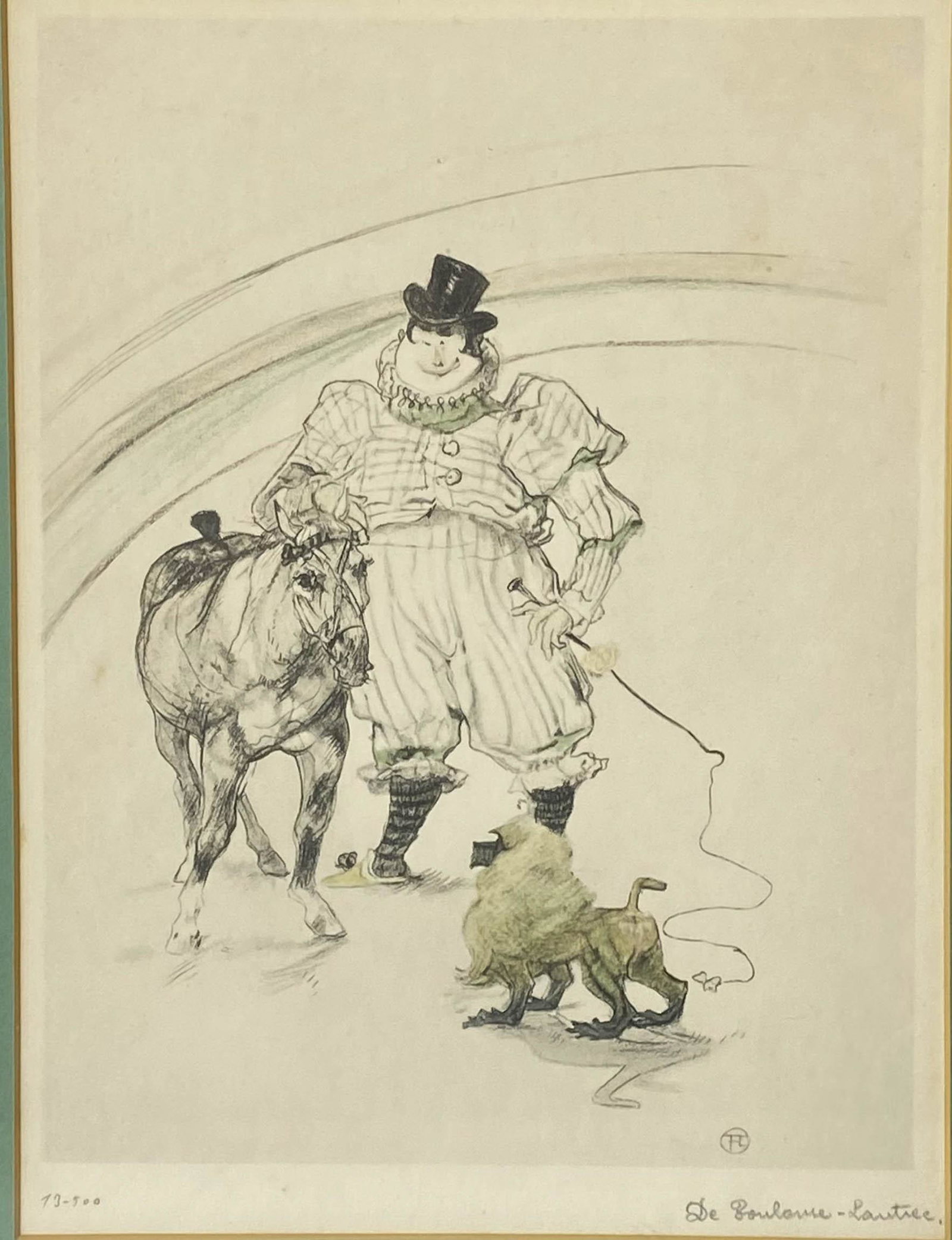 Toulouse Lautrec (1864-1901) Colored Lithograph: Henri de Toulouse Lautrec ( French, 1864 - 1901 ). Title : At The Circus: Trained pony and Baboon. Signed in the plate. Inscribed in pencil with artist name lower right, edition size number lower left