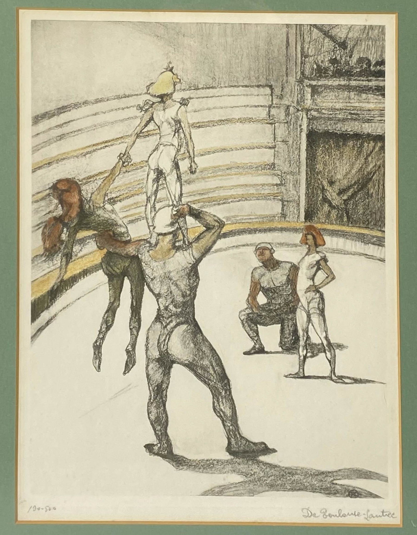 Toulouse Lautrec (1864-1901) Colored Lithograph: Henri de Toulouse Lautrec ( French, 1864 - 1901 ). Title : Circus Acrobats. Signed in the plate. Inscribed in pencil with artist name lower right, edition size number lower left. Work Size: 12 x 8.75 