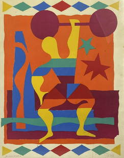 Leon Gischia (1903-1991) L'Halterophile Lithograph: Leon Gischia (French, 1903 - 1991 ). Title : L'Halterophile. This lithograph in colors is pencil signed lower right and left. Work Size: 21.5 x 17 in.Dimensions: 23.5 X 19.25 X 1 in. Condition: Good