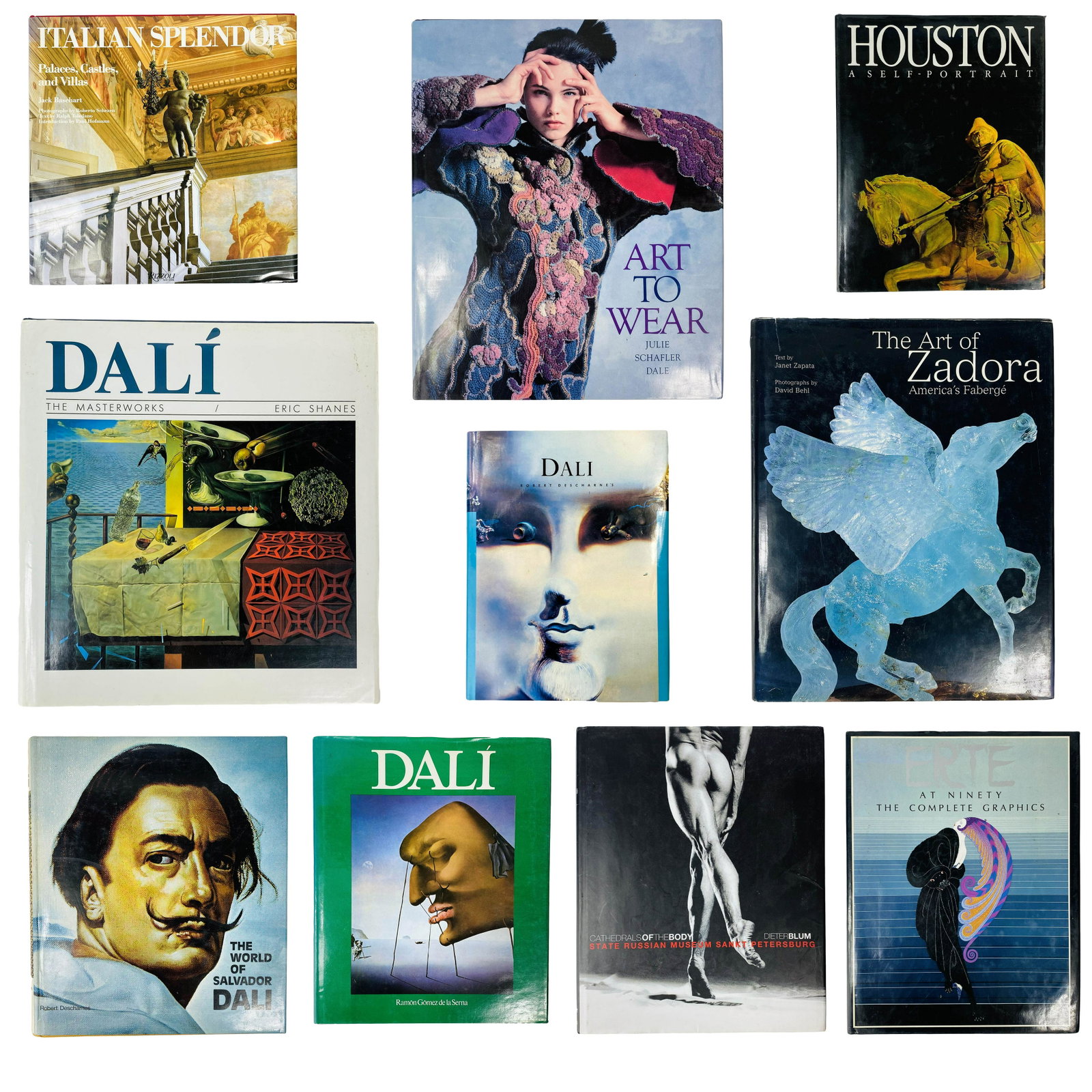 Dali Erte Art Design Estate Book Collection of 10: (1)Dali by Robert Descharnes; (1) The Art of Zadora America Faberge (1) Erte at Ninety The Complete Graphics; (1) Cathedral of the Body by Dieter Blum; (1) Dali by Ramon Gomez de la Serna; (1) The Wor
