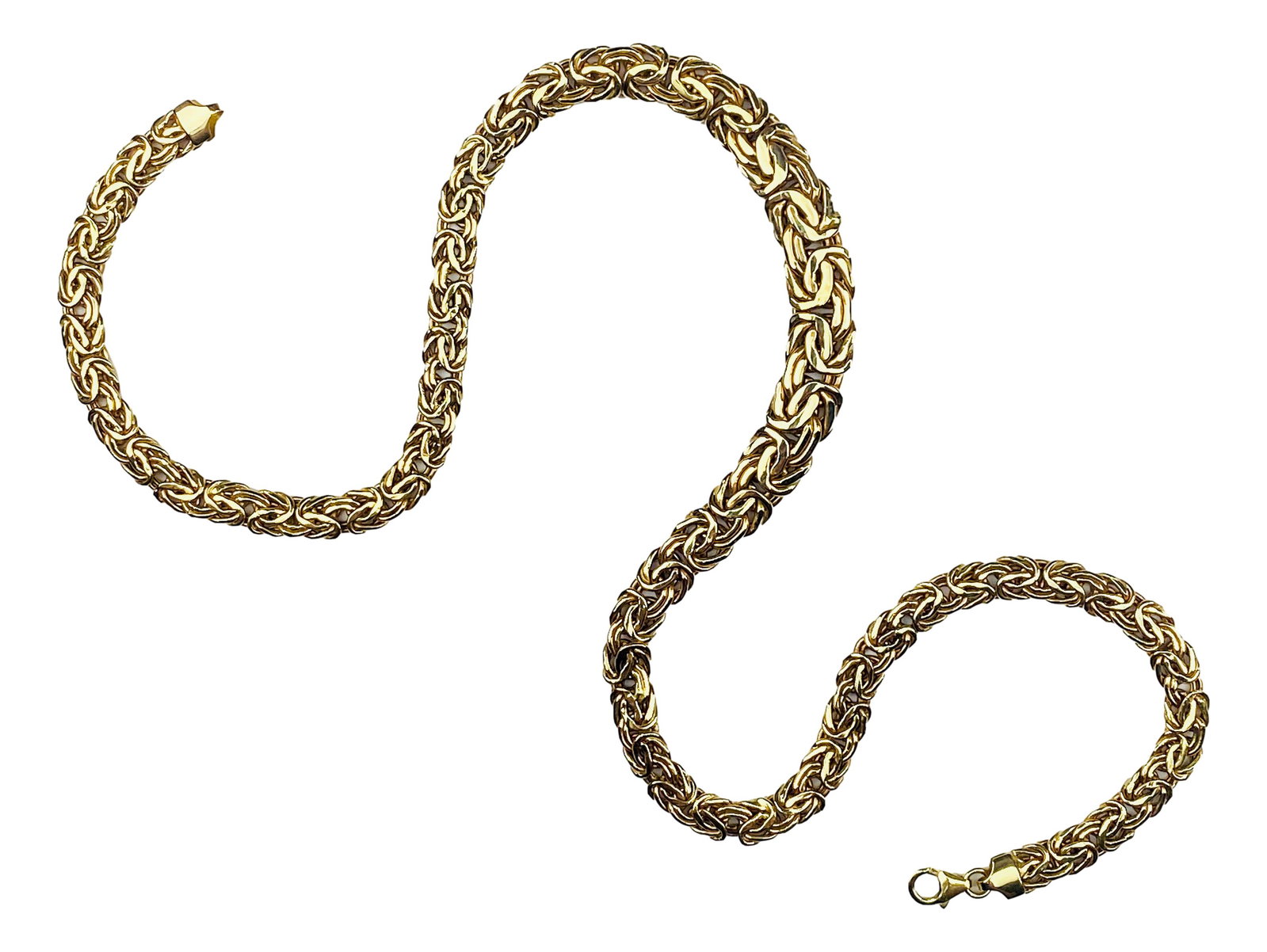 14K Yellow Gold Byzantine Womens Necklace 18.2 grm: Woven style 14K gold bracelet finished with a lobster style clasp closure. Measures 20" x 1/4". Signed ~ stamped EO 14K. Total weight 18.2 grams. Condition: Good overall condition having surface wear.