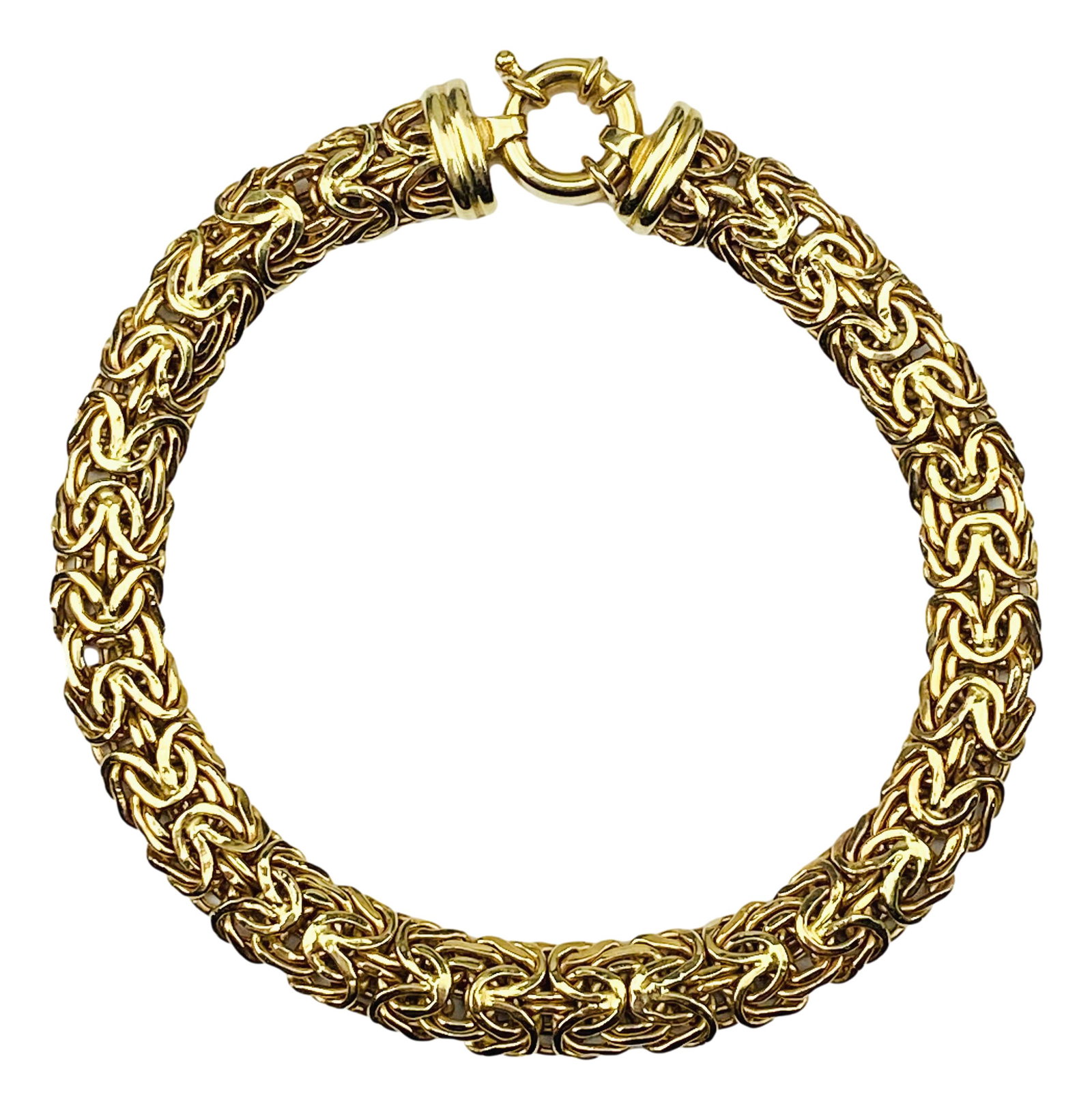14K Yellow Gold Byzantine Women's Bracelet 11.8grm: Woven style 14K gold bracelet finished with spring clasp closure. Measures 8 1/4" x 1/4". Signed ~ stamped AK 14K. Total weight 11.8 grams. Condition: Good overall condition having surface wear. Estat