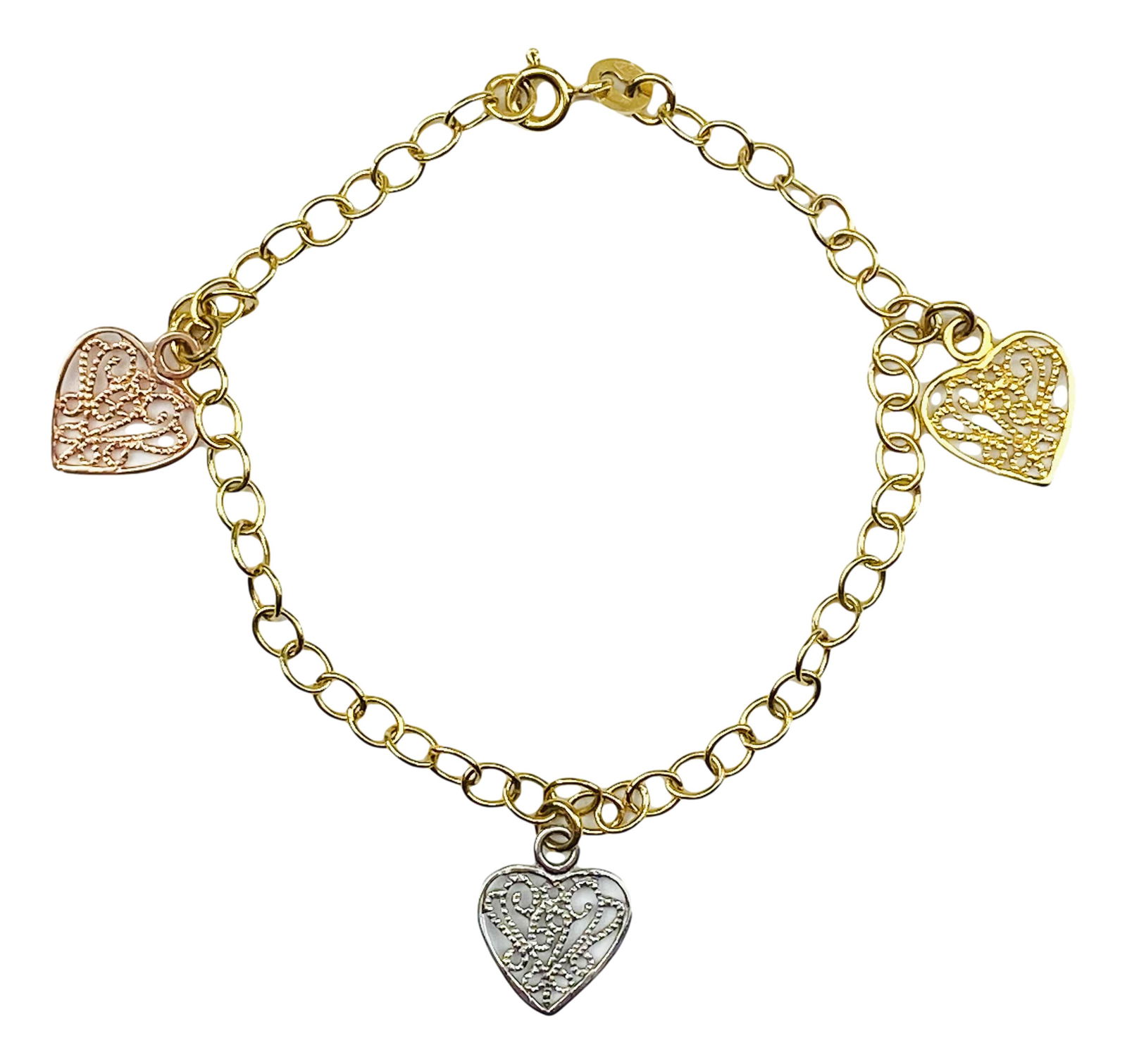 10K Gold w 3 Filigree Heart Charm Women's Bracelet (1 of 5)