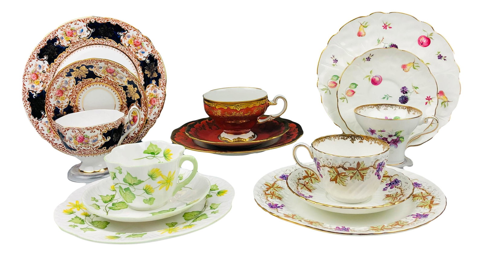 English Bone China Cup Saucer & Plate Trio 5pc LOT: Includes the following 3 piece English bone china trio sets. 1 x Salisbury. 2 x Aynsley. 1 x Shelley. 1 x Weimar. Graced with floral and fruit patterns with gold embellishments around the rim borders,