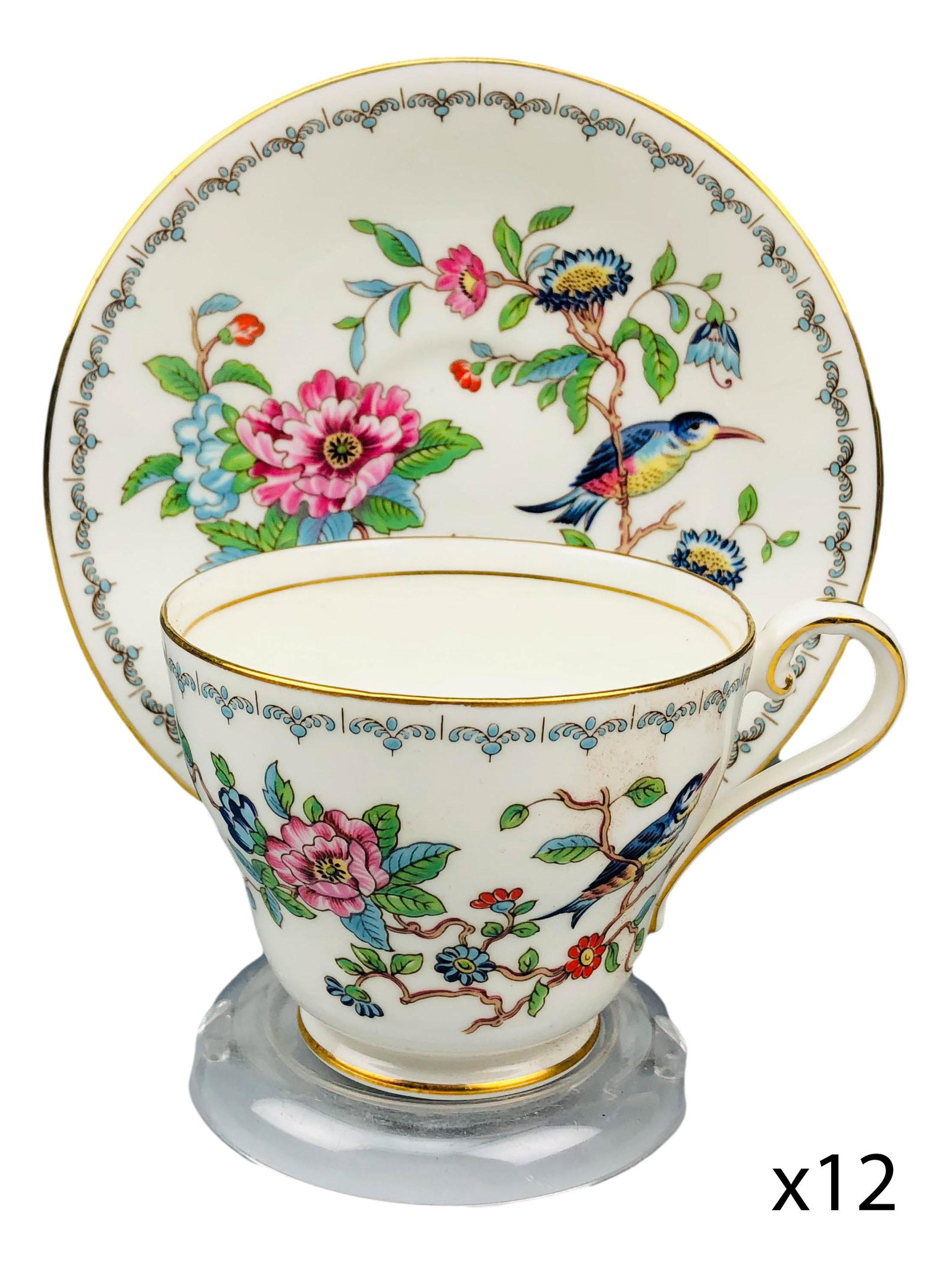 Aynsley Pembroke Bird Floral Tea Cup Saucer 12pc: Design features a floral and bird pattern with a gold trim lining around the border, the motif being based on and Asian inspired 18th century Aynsley design. Production years : 1985 - 2015. Glazed fin