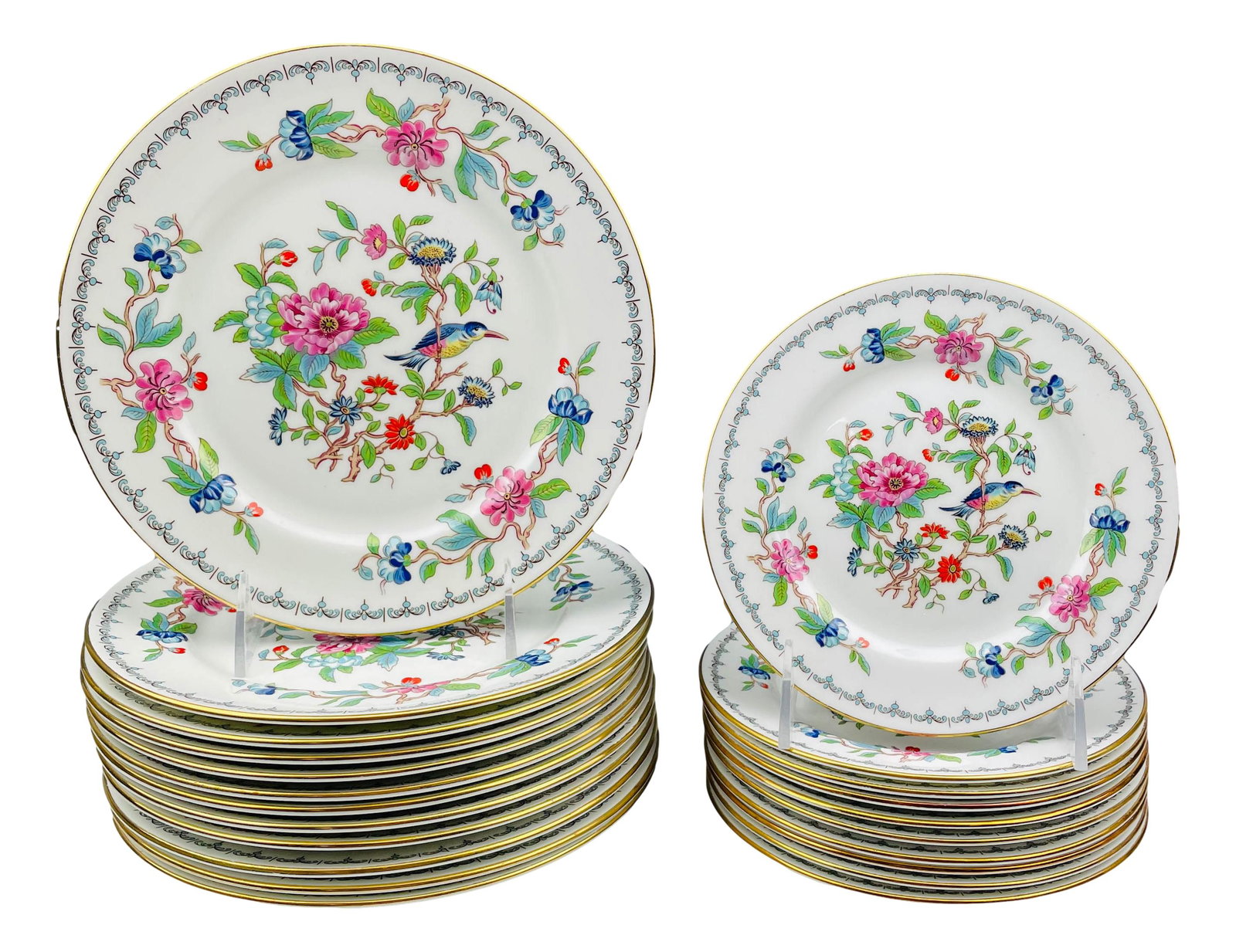 Aynsley Pembroke Bird Floral Bread & Salad Plates: Includes 10 Bread and Butter Plates and 12 Salad Plates. Design features a floral and bird pattern with a gold trim lining around the border, the motif being based on and Asian inspired 18th century A