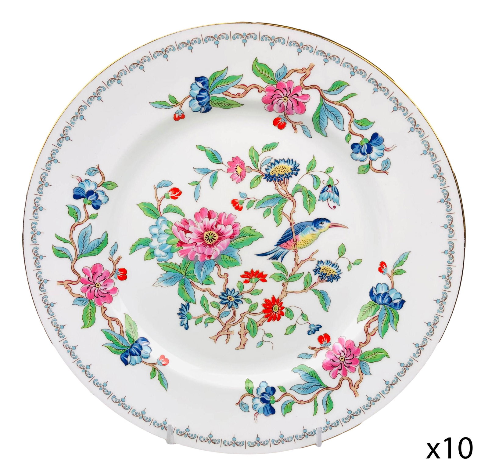 Aynsley Pembroke Bird Floral Dinner Plate 10pc LOT: Design features a floral and bird pattern with a gold trim lining around the border, the motif being based on and Asian inspired 18th century Aynsley design. Production years : 1985 - 2015. Glazed fin