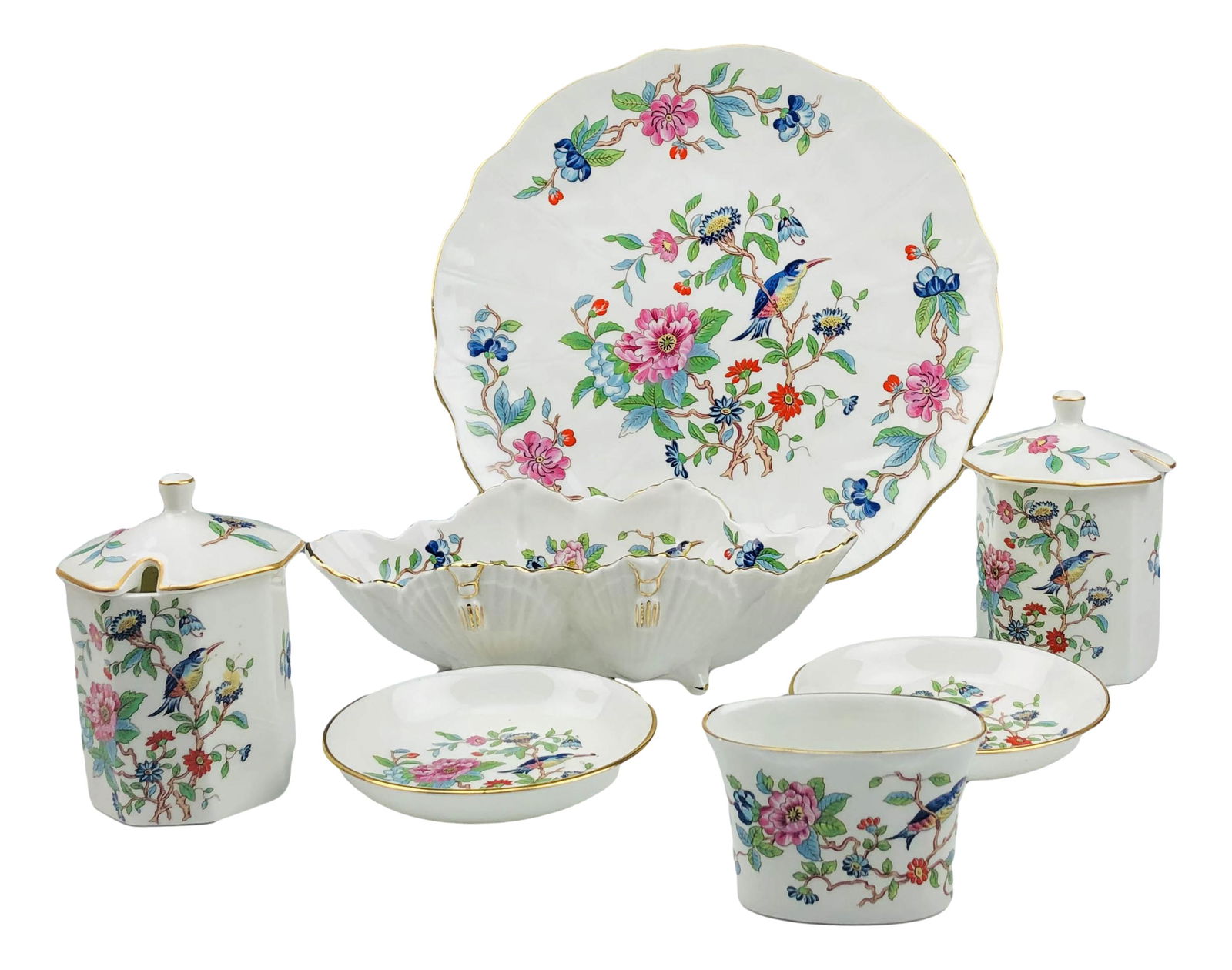 Aynsley Pembroke Jar Candy Dish Plate Bowl 7pc LOT: Includes ~ 2 x lidded hexagonal jars. 2 x candy nut dish bowls. 1 x toothpick holder. 1 x oval scalloped footed bowl. 1 x cake plate. Design features a floral and bird pattern with a gold trim lining