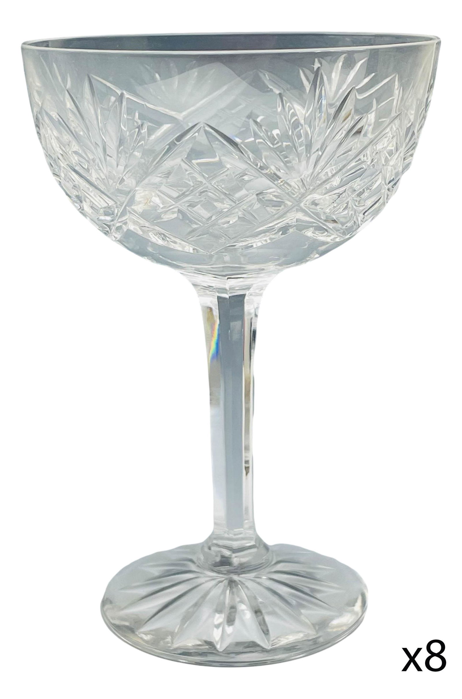 Kosta Boda Crystal Helga Champagne Sherbet 8pc LOT: Mid century modern Swedish cut crystal water drinking glass goblets modeled in the Helga" pattern. Circa 1965. Design features fan shapes alternating with a diamond quilted pattern. Multifaceted stem 