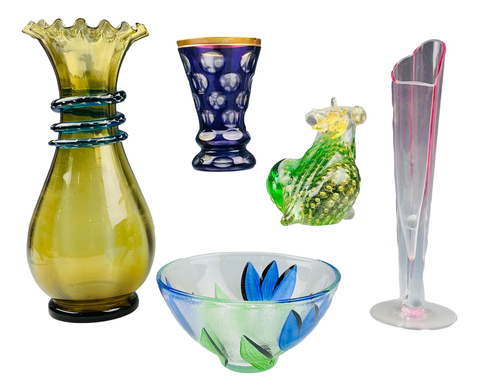 Murano Kosta Boda Czech Glass Vase Bowl Lot x 5: Includes the following articles ~ 1 x Murano frog with crown. 1 x Kosta Boda Ulrica Hydman Tulip bowl. 1 x Kosta Boda Kjell Engman Heart Bud vase. 1 x Bohemian Czech amethyst coin dot vase. 1 x blown