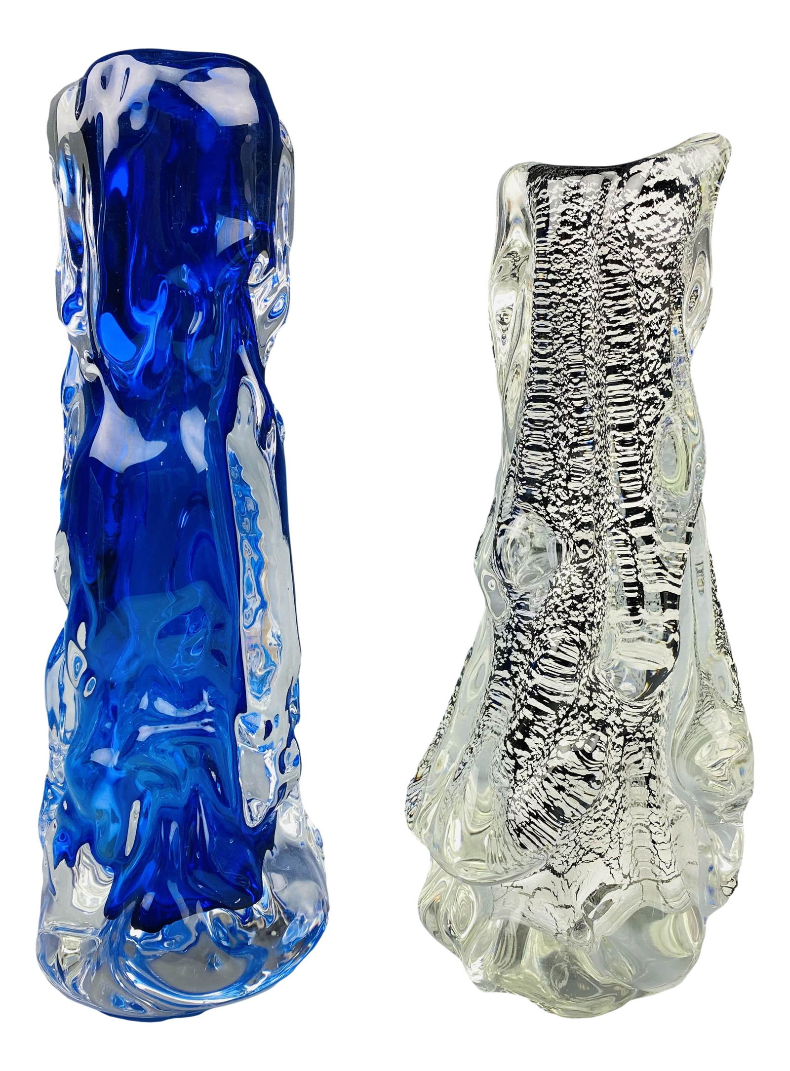 2 Sommerso Cased Blue Silver Fleck Art Glass Vases: Murano studio hand blown Italian art glass vases featuring a cased blue body on one, the other with a silver fleck against black ground, both encased in clear liquid molten crystal glass with wavy ext