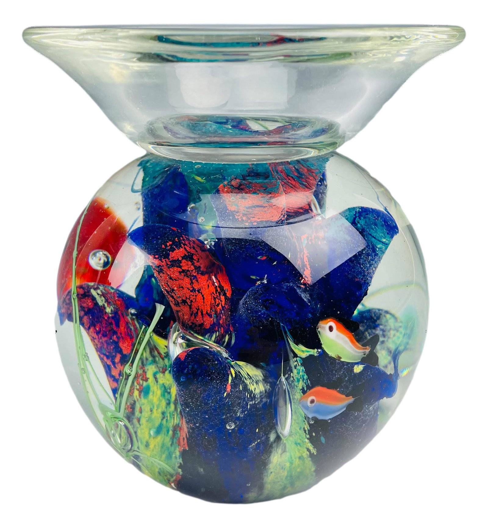 Murano Cased Tropical Reef w Fish Glass Sculpture: Studio hand blown Italian art glass vase shaped sculpture. Features exotic tropical fish, seaweed and coral forms encased in clear molten crystal glass. Smooth high mirror polished finish. Measures 5 