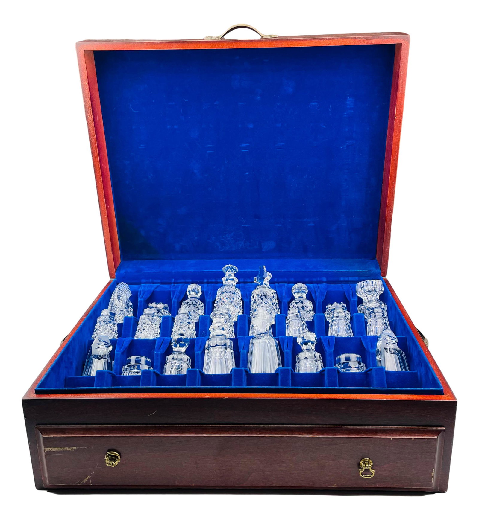 Waterford Cut Crystal Art Glass Chess Set Wood Box: Includes a total of 24 cut crystal chess set pieces housed in their original dark colored hard wood presentation box. KINDLY NOTE : There are 8 missing pieces. Please bid accordingly. Measure from 3 1
