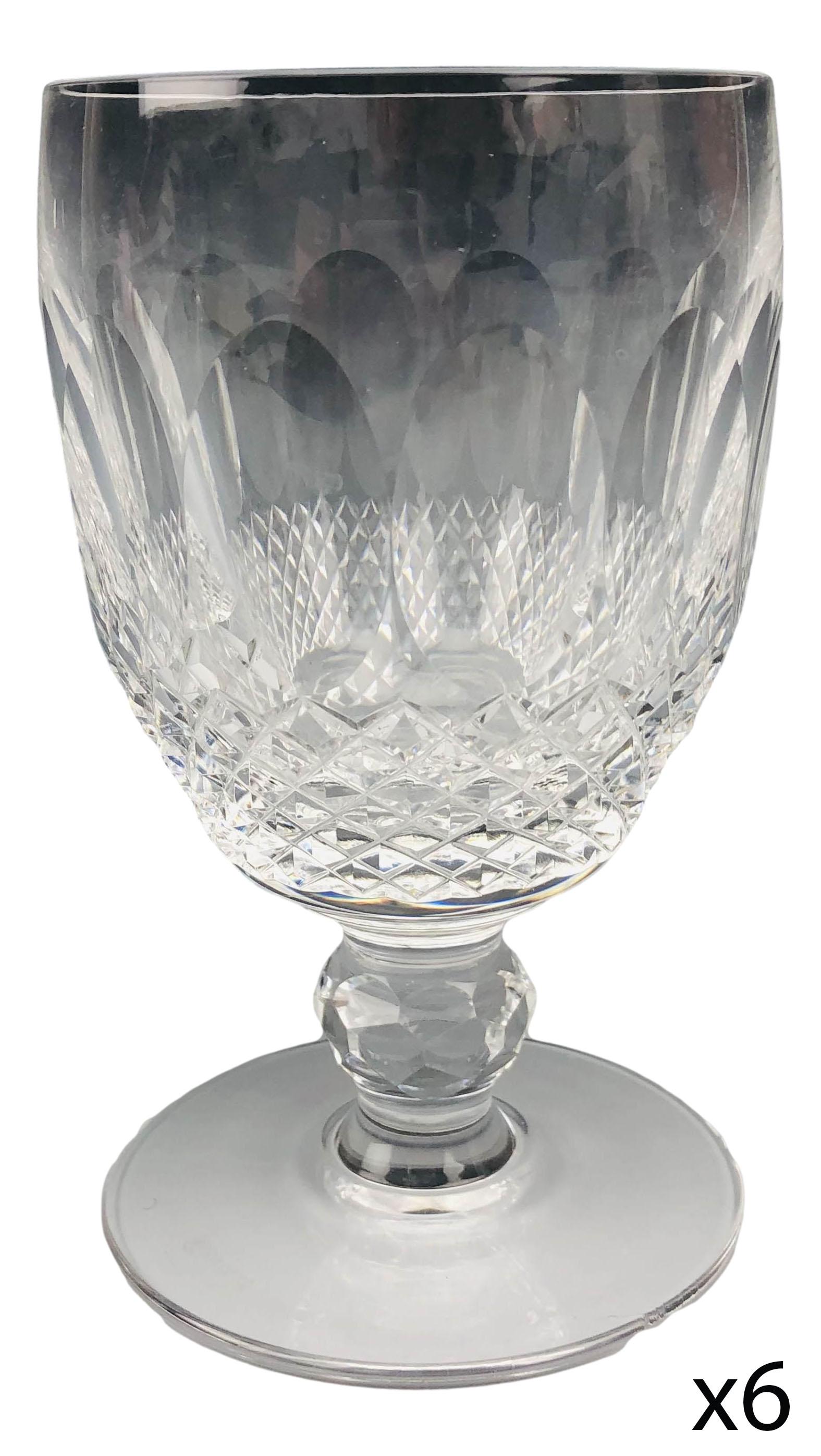 Waterford Crystal Colleen 1968 Water Goblets x 6: Waterford cut crystal art glass 8 oz water drinking goblets. Model Colleen Short Stem. Production years : 1968 - 2018. Design features oval concaves over a diamond quilted body with short faceted stem