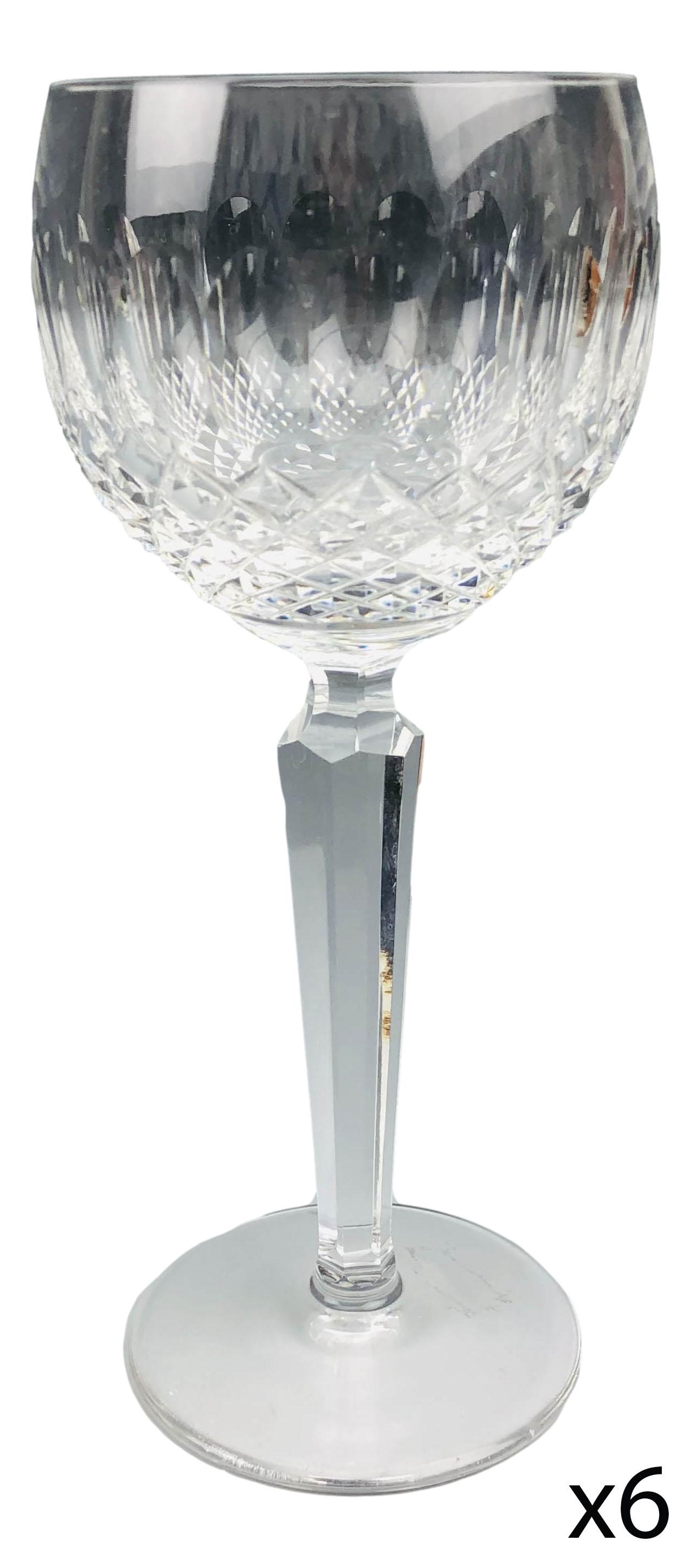 Waterford Crystal Colleen Balloon Wine Goblet x 6: Waterford cut crystal art glass bar barware glasses. Model Colleen Tall Stem. Production years : 1986 - 2018. Design features oval concaves over a diamond quilted body with tapered faceted stem over c