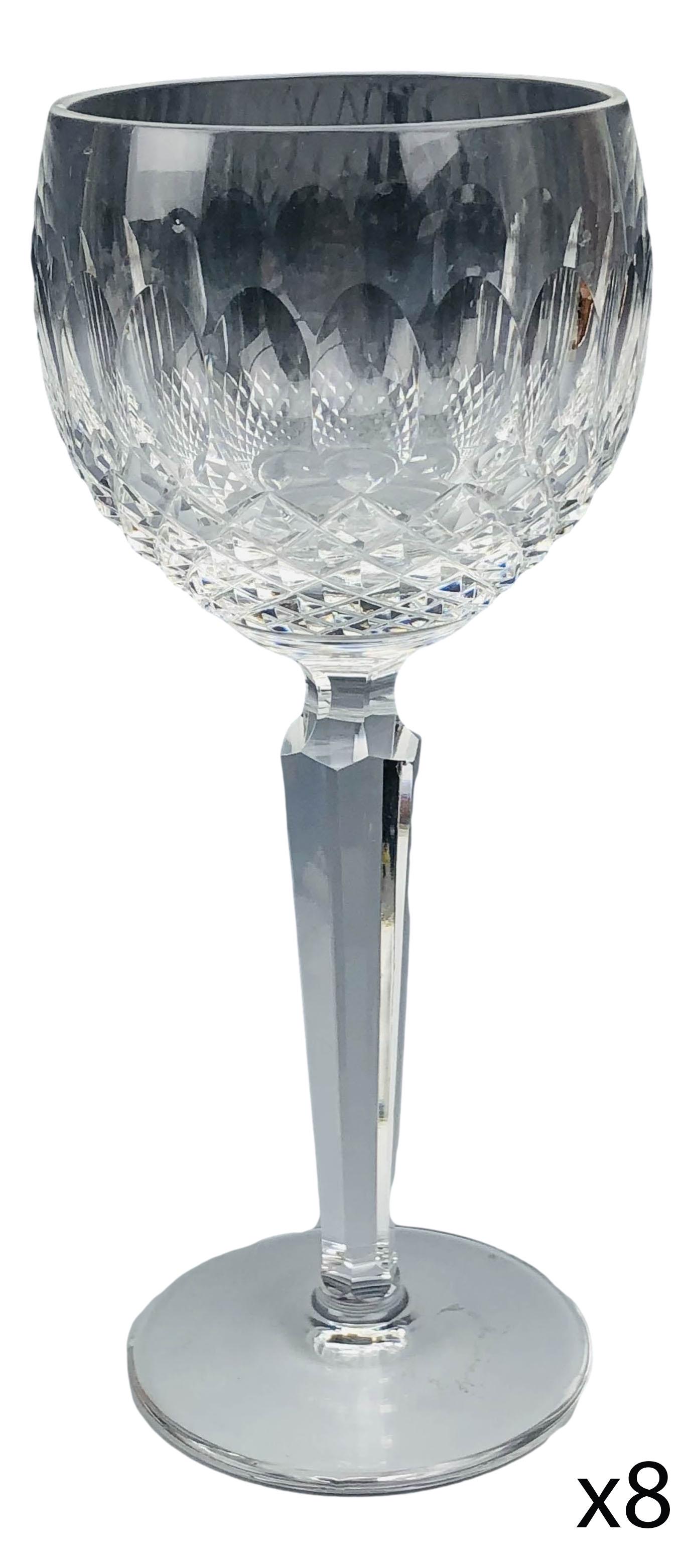 Waterford Crystal Colleen Balloon Wine Goblet x 8: Waterford cut crystal art glass bar barware glasses. Model Colleen Tall Stem. Production years : 1986 - 2018. Design features oval concaves over a diamond quilted body with tapered faceted stem over c