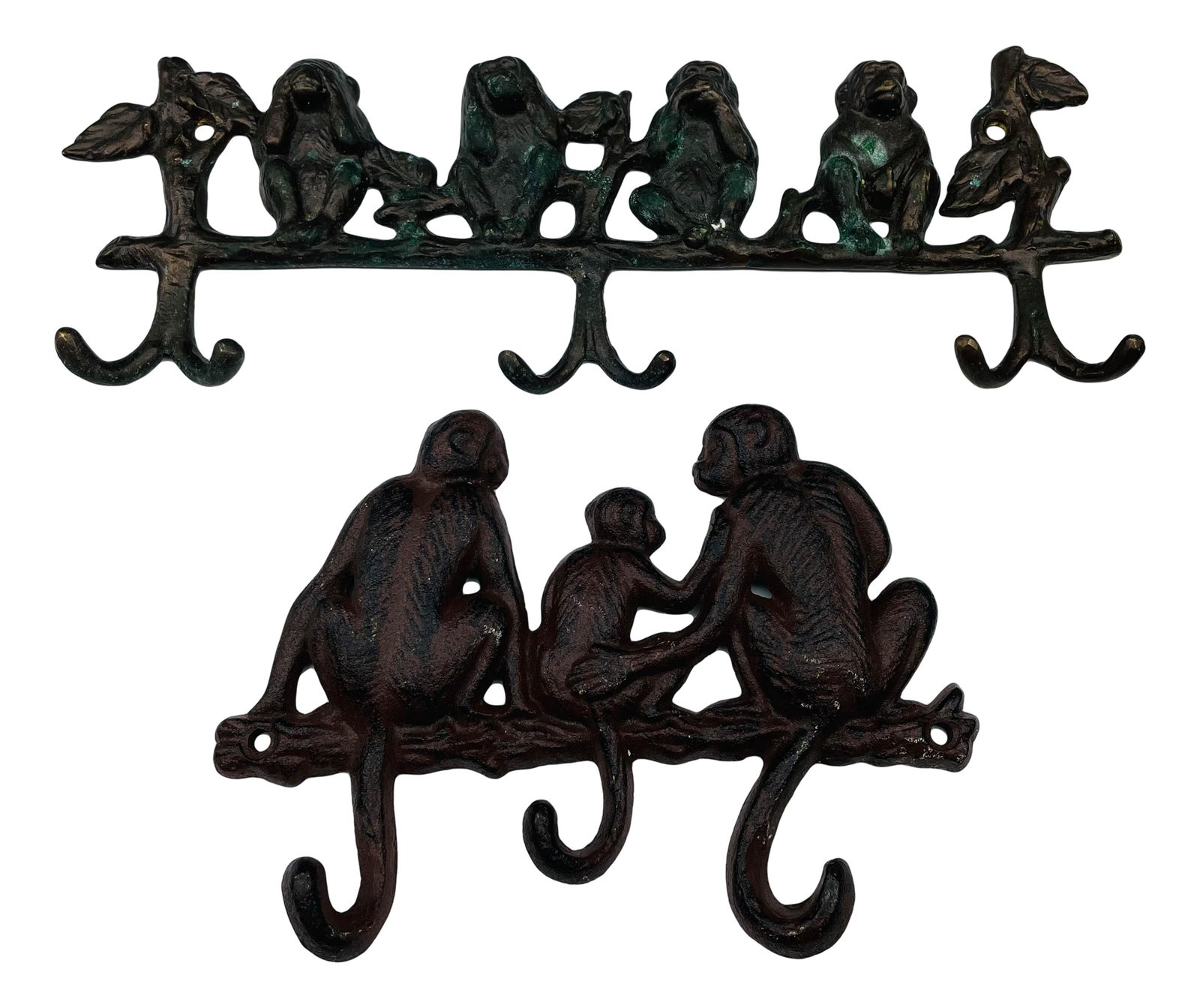 Cast Bronze Wild Monkey Animal Hook Key Holder LOT: Bronze monkey key holders. Features two cast bronze wild monkey family key holders. No apparent marking. Dimensions: 4 X 11.25 X 1.5 in. Condition: Good overall condition having average wear. Esta