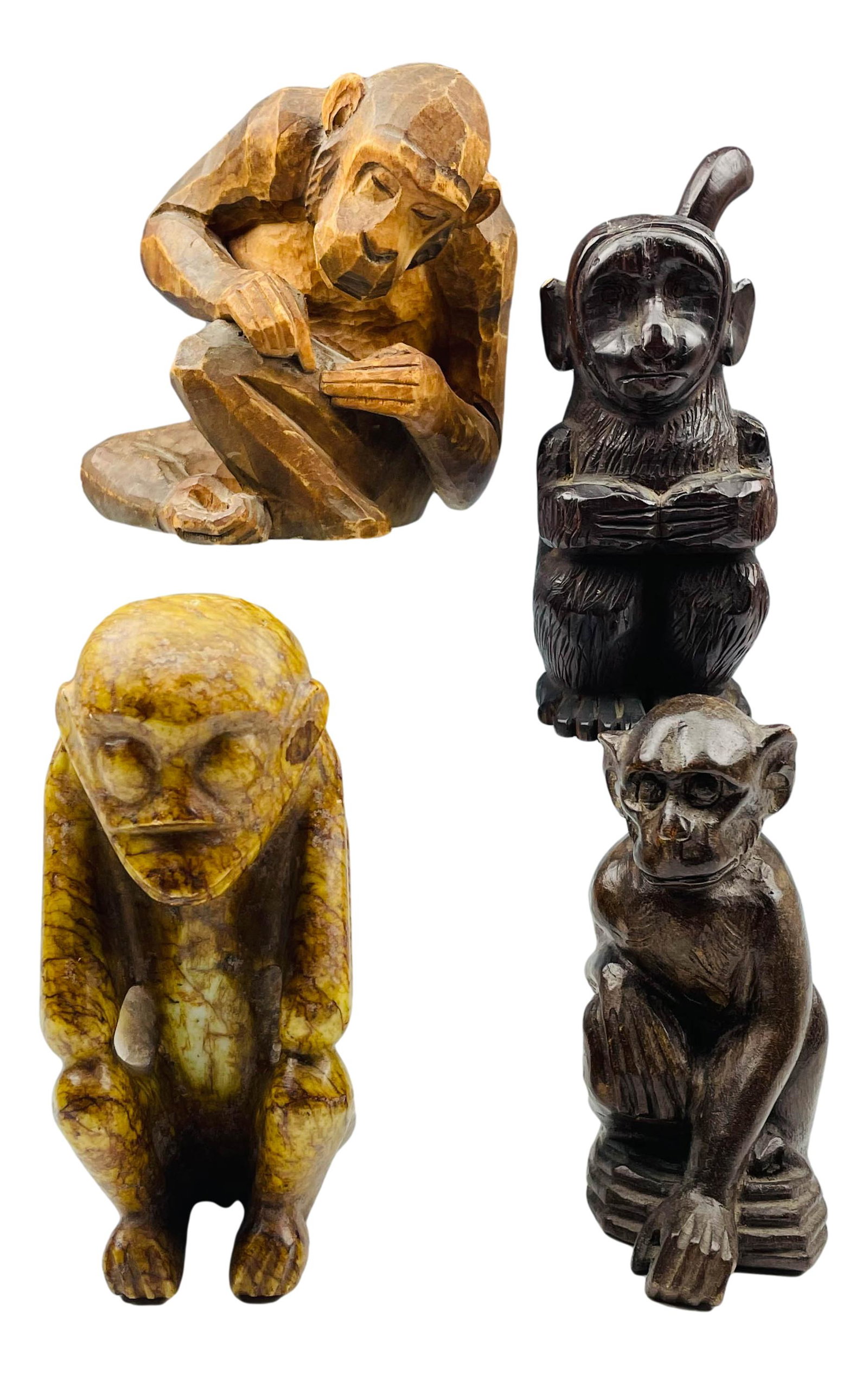 Hand Carved Wood & Alabaster Monkey Sculpture LOT: Lot of three hand carved wood and one hand carved alabaster sculptures. Features monkeys in sitting position. Largest 6" x 2.5" x 3.5"; smallest measures 4.5" x 2.5" x 3.5". Condition: Good condition 