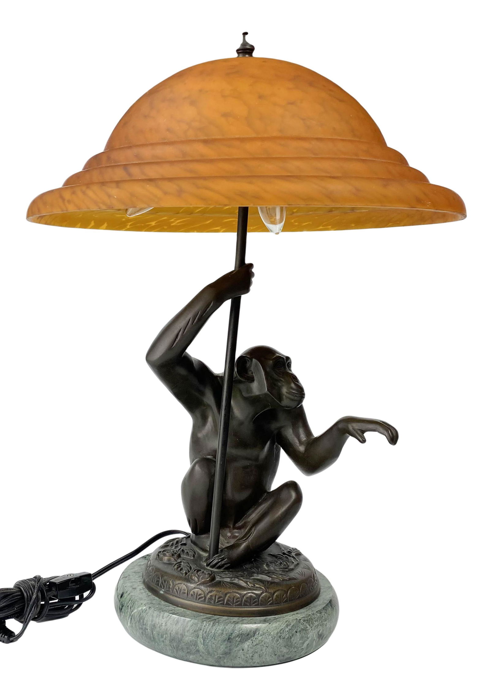 Maitland Smith Bronze Monkey Lamp w/ Glass Shade (1 of 9)