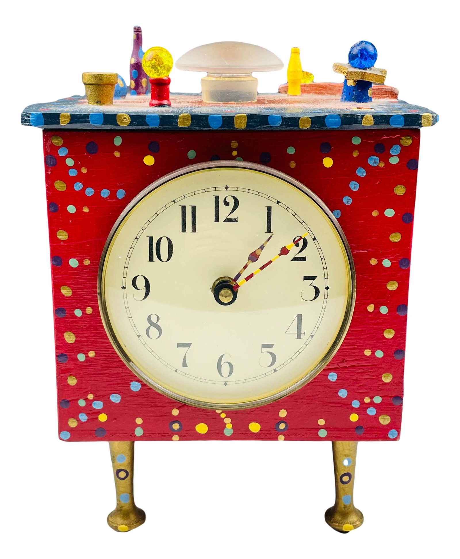 Wild Bill Tick Tock Memphis Style Wooden Clock: Hand built timepiece by Bennie Merideth aka Wild Bill Tick Tock. Features hand painted workmanship with applied elements atop the removable scalloped lid. Battery operated movement to the clock. Mount