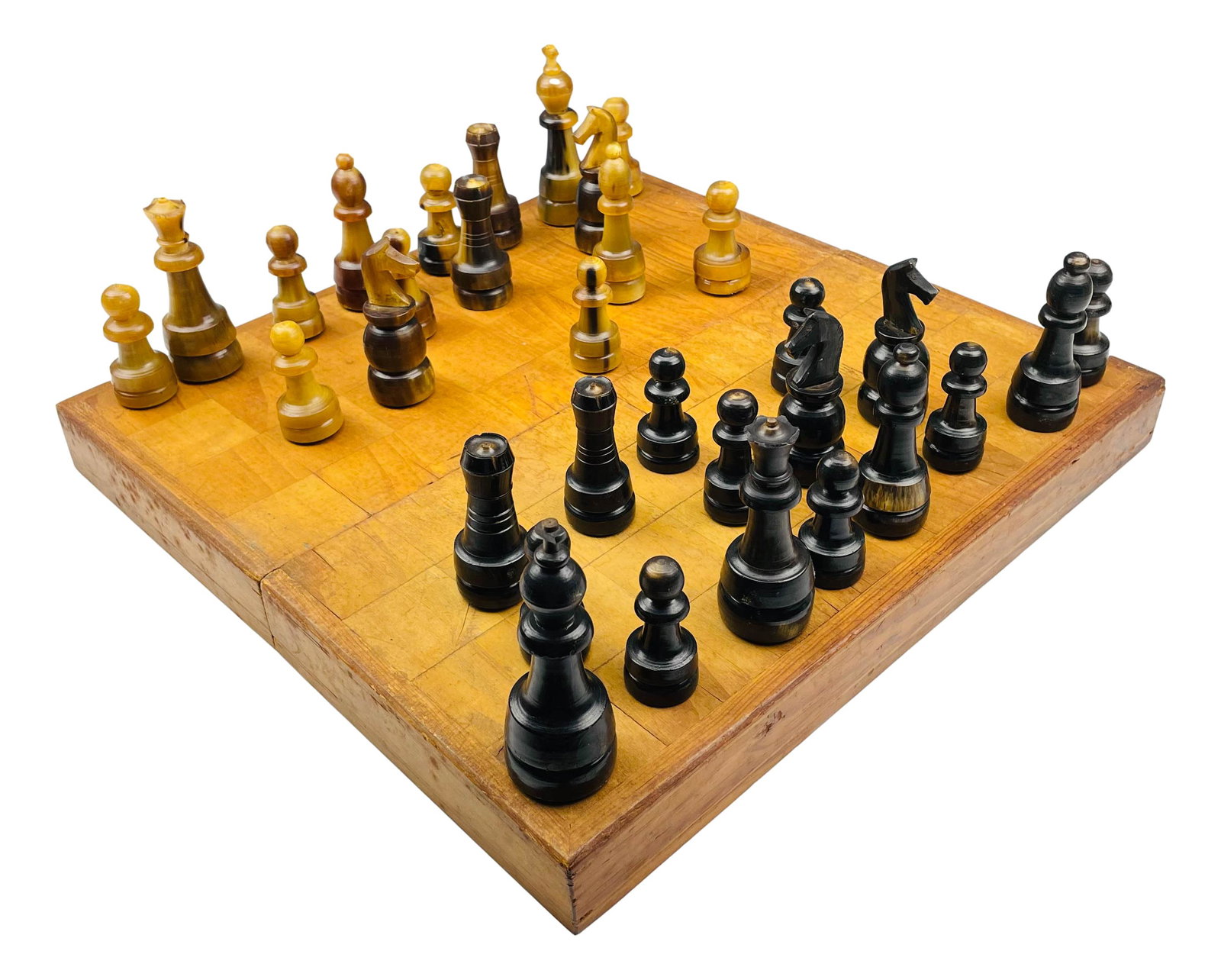 Hand Carved Chess Set Board Game w/ Wooden Box: Comprised of a total of 31 hand carved chess board game playing pieces housed in a wooden box which when opened serves as the playing board. KINDLY NOTE : The set is missing a piece. Please bid accord