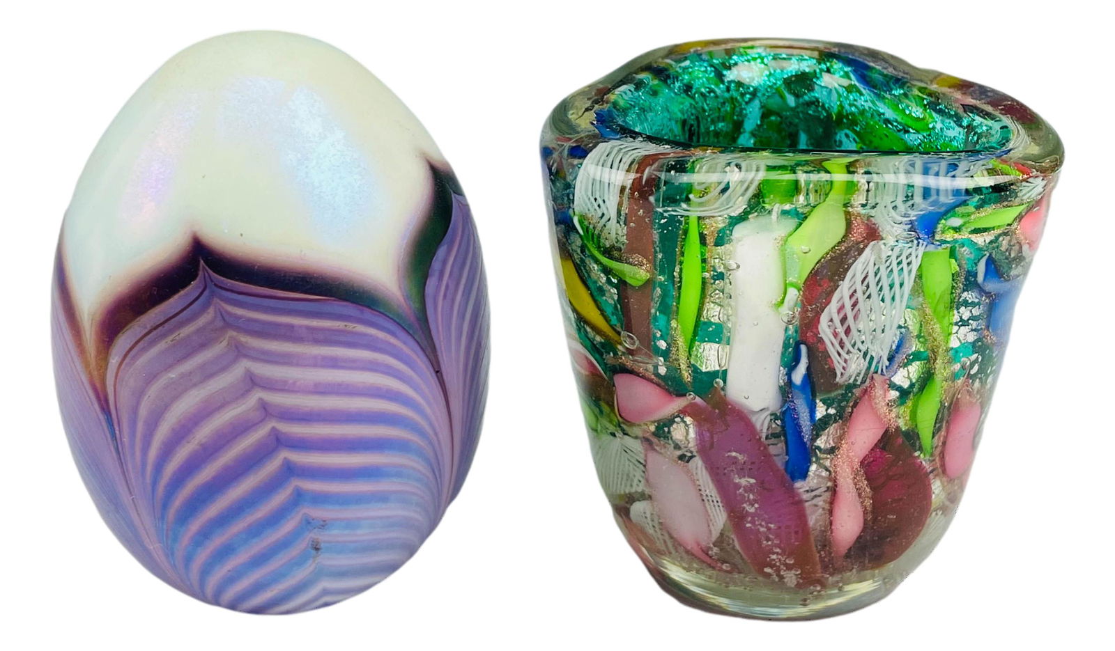 Pulled Feather Paperweight Murano Toothpick Holder: Includes the following articles. 1 x studio hand blown iridescent pulled feather egg shape domed desk paperweight. 1 x Murano tutti frutti cased Multi Colored gold silver dust ribbon twist art glass t