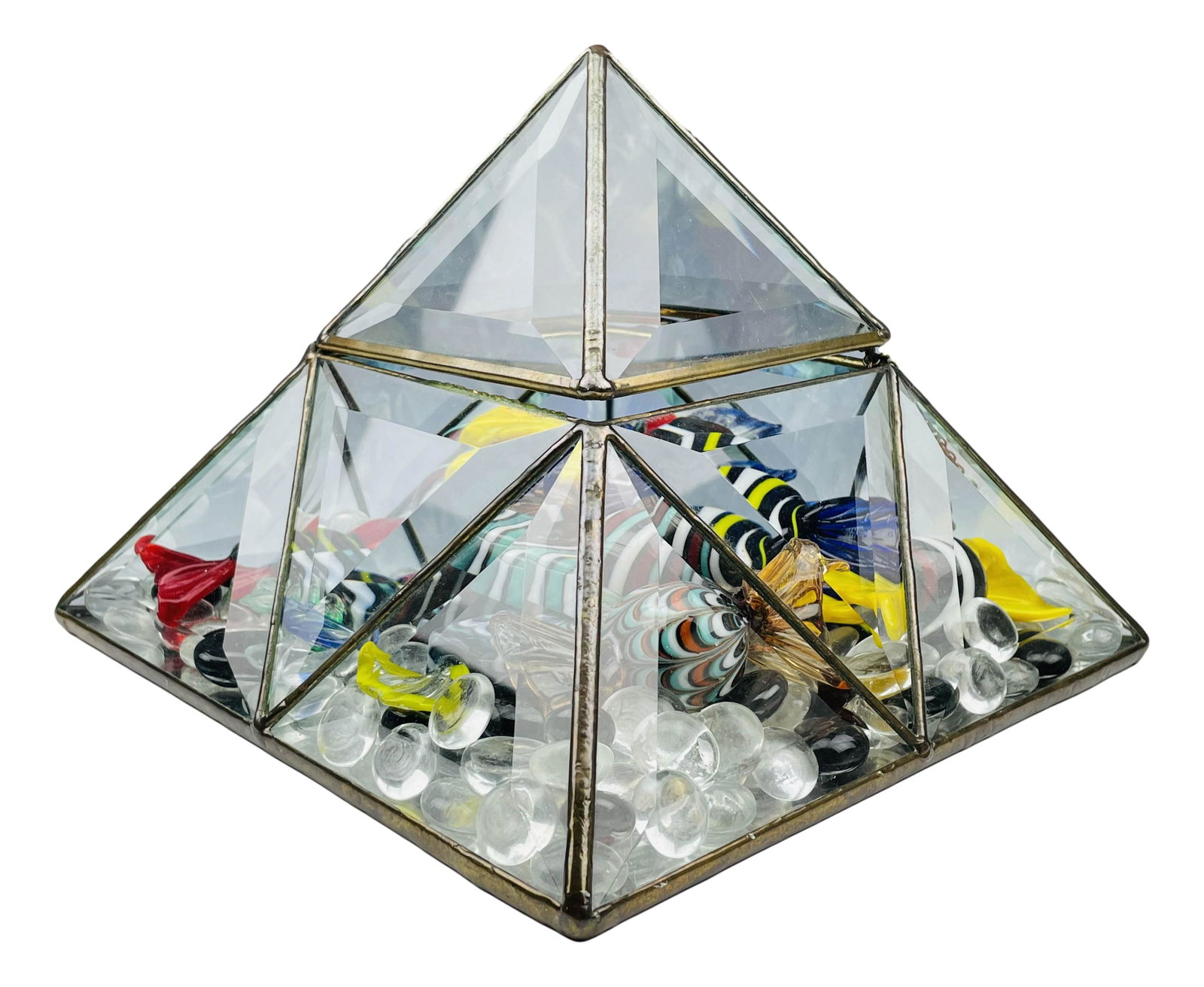 Pyramid Glass Display Case w Murano Striped Candy: Features a lidded pyramid shaped beveled glass display case housing 17 Murano Italian studio hand blown striped glass candy and clear and black glass pebbles. Case measures 6 1/4" x 8 1/4". Glass cand