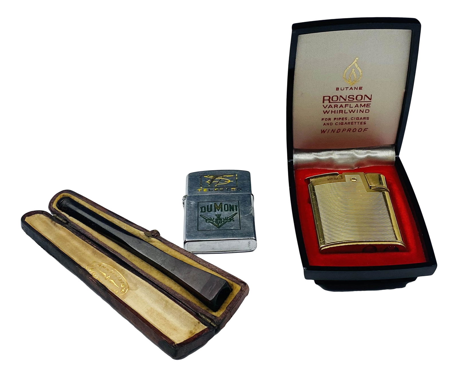 Lighter Lot & Amber Bakelite Cigarette Holder Case: Includes the following articles. 1 x Varaflame Whirlwind Ronson lighter with presentation box and manual. 1 x Granco Emerson Television and Radio advertising lighter. 1 x amber tested cigarette holder