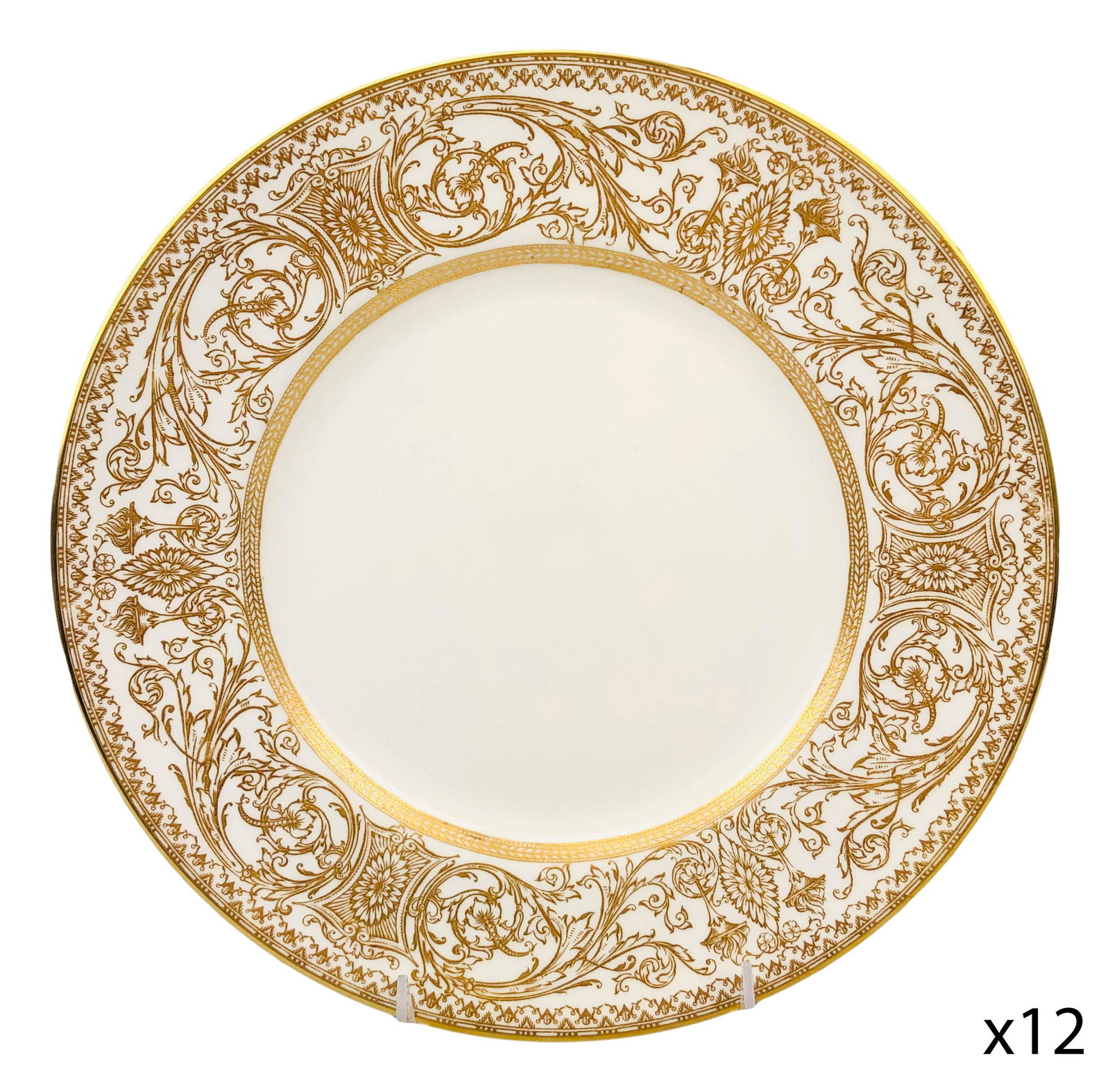Royal Worcester Embassy 10 1/2" Dinner Plate 12 pc: 20th century English bone china dinner plates modeled in the "Embassy" pattern by Royal Worcester. Each features raised relief ornate gold filigree decorations around the border against a cream ground