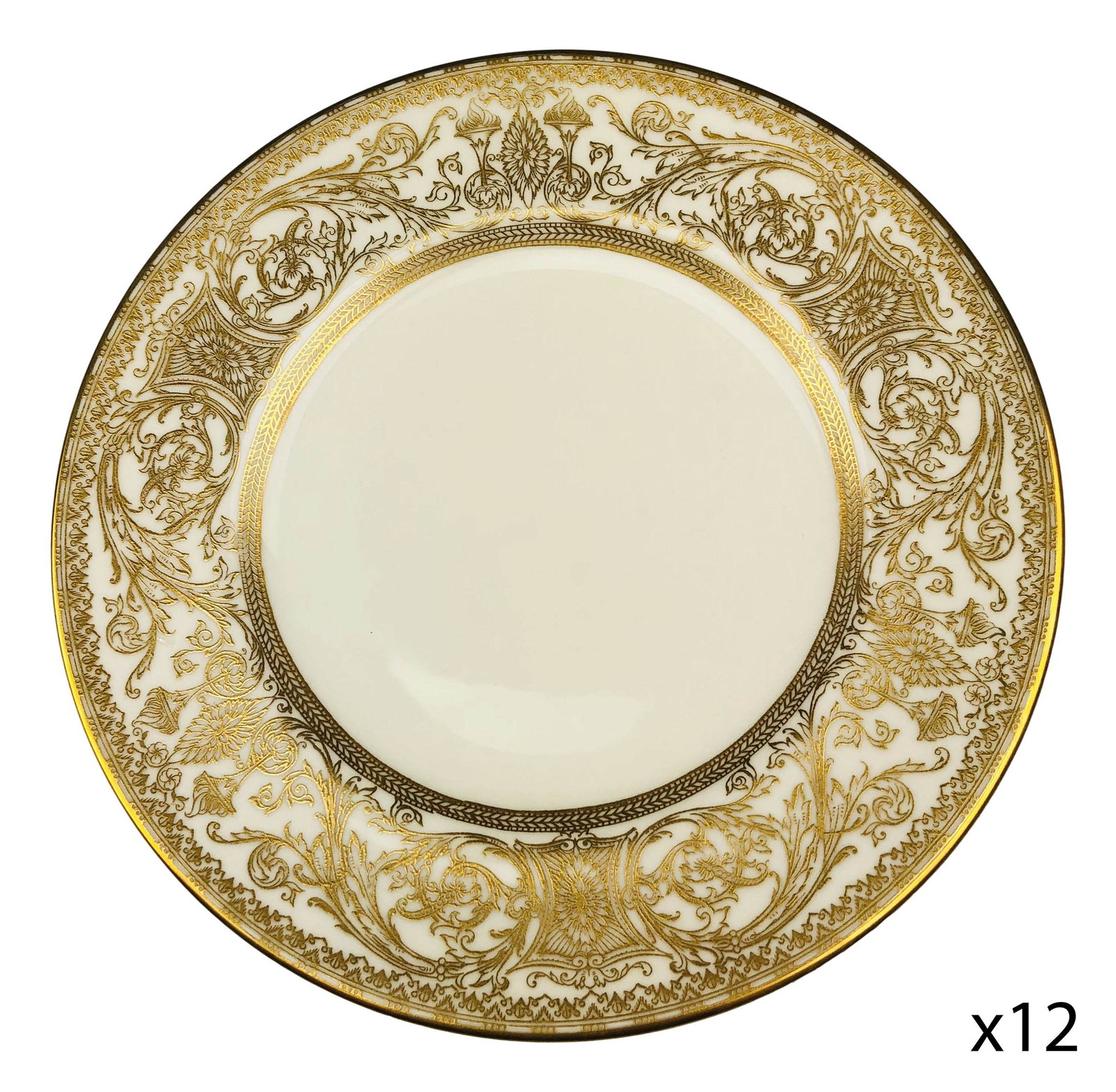 Royal Worcester Embassy 8" Salad Plates 12pc LOT: 20th century English bone china dinner plates modeled in the "Embassy" pattern by Royal Worcester. Each features raised relief ornate gold filigree decorations around the border against a cream ground