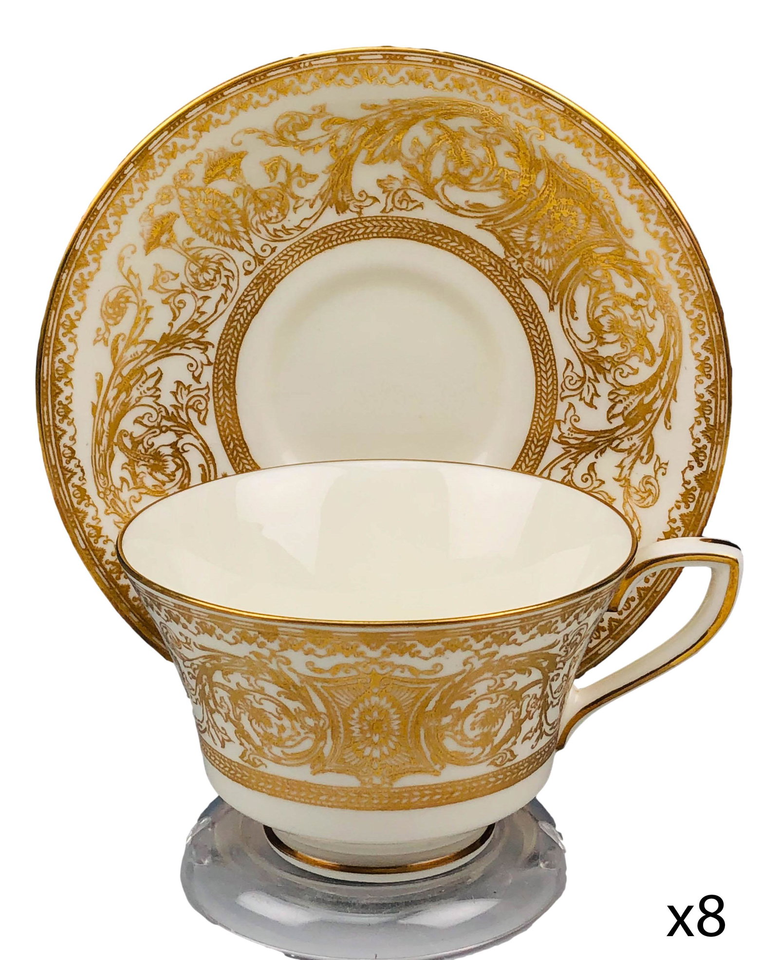 Royal Worcester Embassy Cup w/ Saucer Set 16pc LOT: 20th century English bone china dinner plates modeled in the "Embassy" pattern by Royal Worcester. Each features raised relief ornate gold filigree decorations around the border against a cream ground