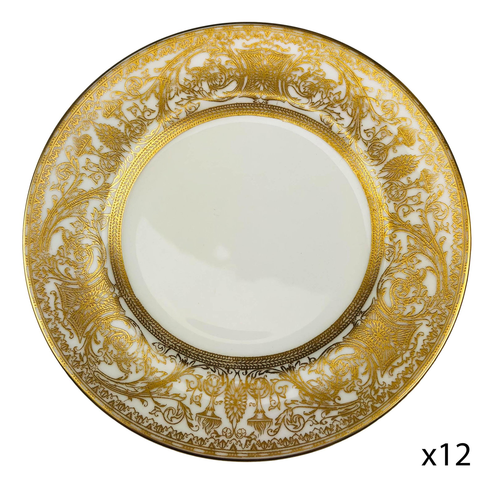 12 Royal Worcester Embassy Bread Butter Plate LOT: 20th century English bone china dinner plates modeled in the "Embassy" pattern by Royal Worcester. Each features raised relief ornate gold filigree decorations around the border against a cream ground