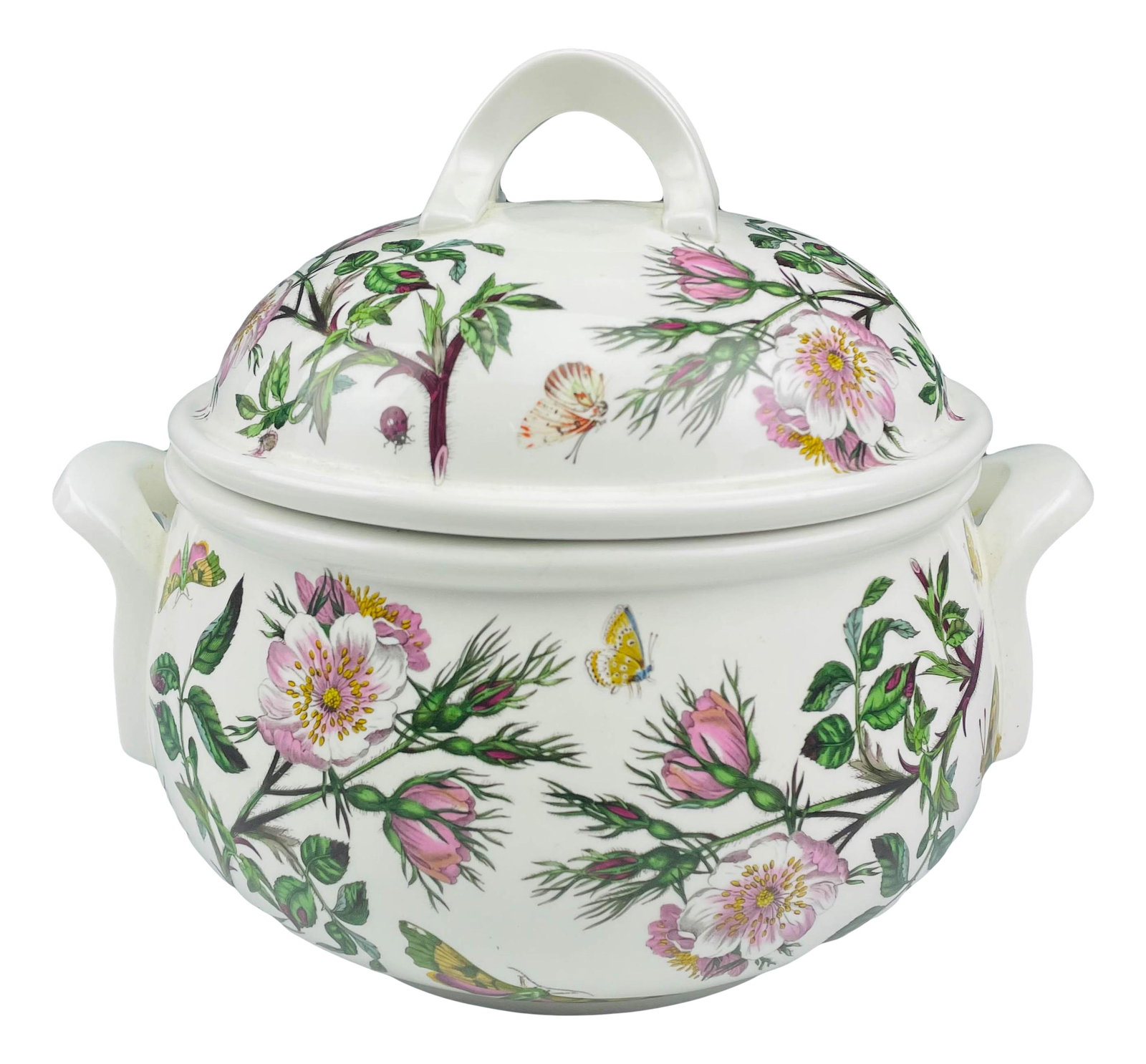 Portmeirion Botanic Garden Dog Rose Casserole w Lid: Designer Susan Williams Ellis ( 1918 - 2007 ). One of Britain's most celebrated designer of the 20th century. Co founder of Portmeirion Pottery. Subject matter features botanical designs and flutterin
