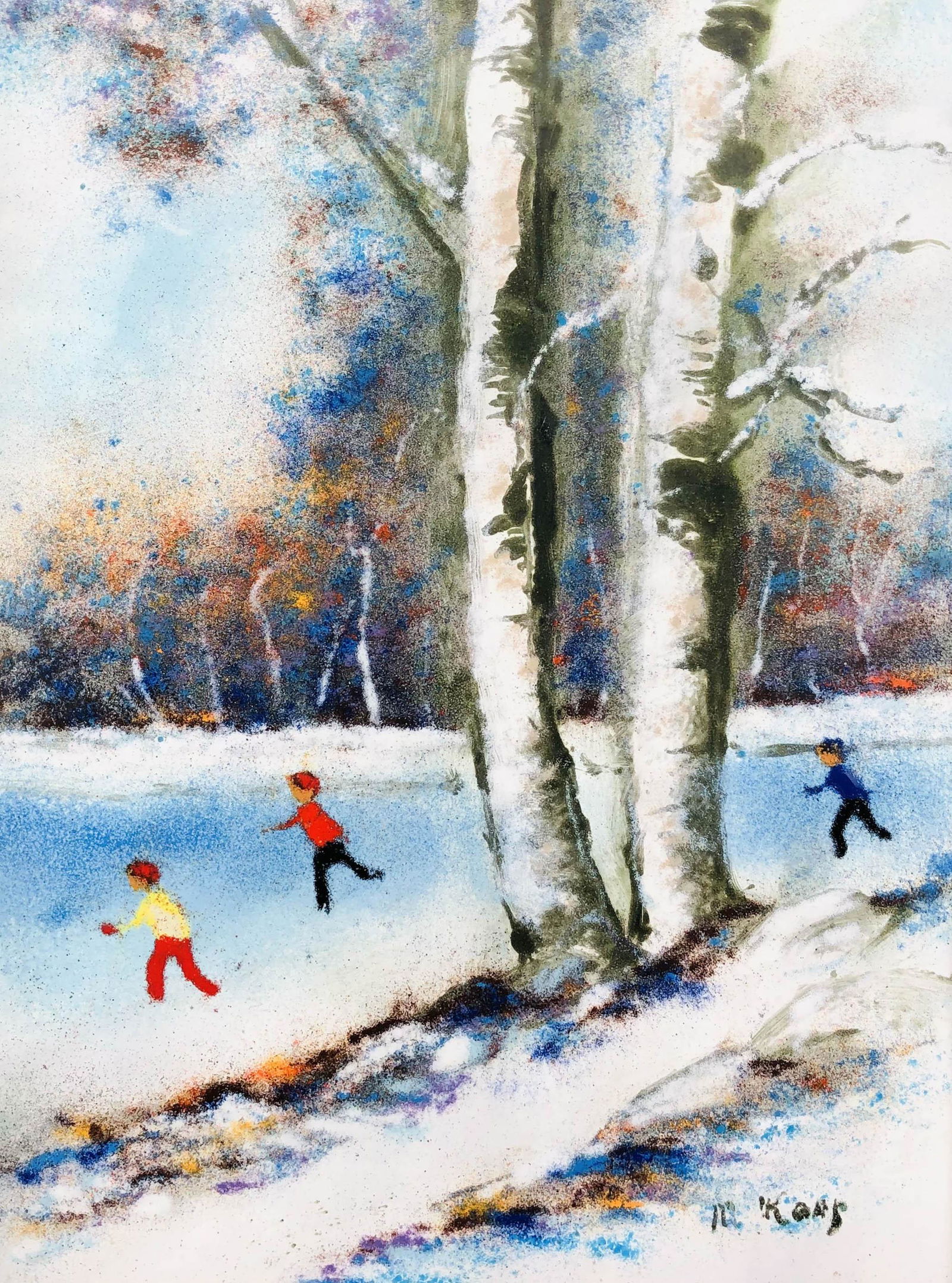 Max Karp (1916-1999) Enamel Copper Snow Painting: Max Karp ( American, 1916 - 1999 ). Subject matter depicts young children skating in the snow. Signed M. Karp lower right.Work Size: 11.5x8.5 in.Dimensions: 20.25 X 17.25 X .50 in.