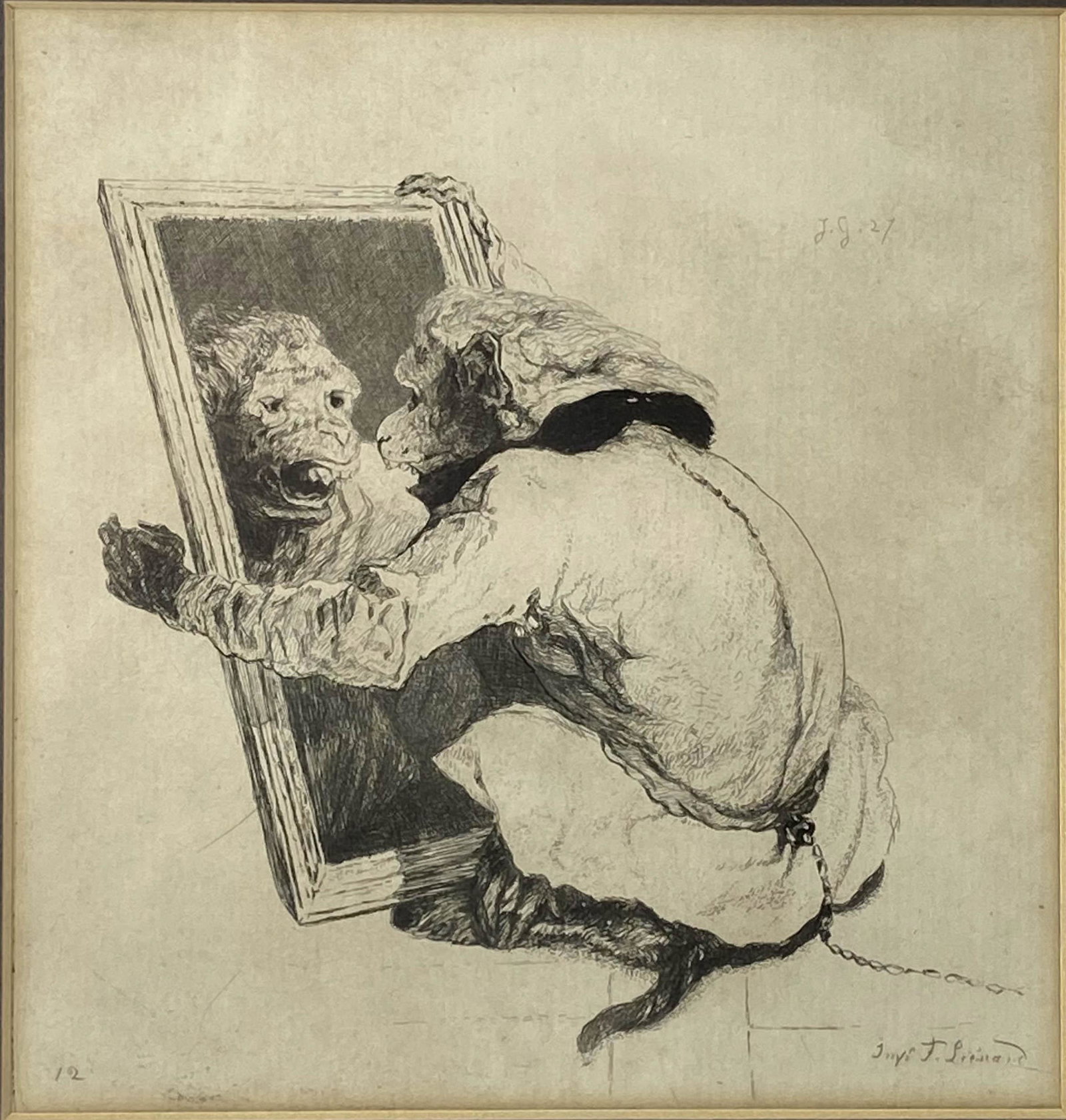 Jules de Goncourt 1830-1870 French Figural Etching: Jules de Goncourt (French, 1830-1870) Etching featuring a monkey like creature looking in to the mirror. Printed by Imprimerie Lienard. Artist signature bottom right with number 12 in lower left. Hous