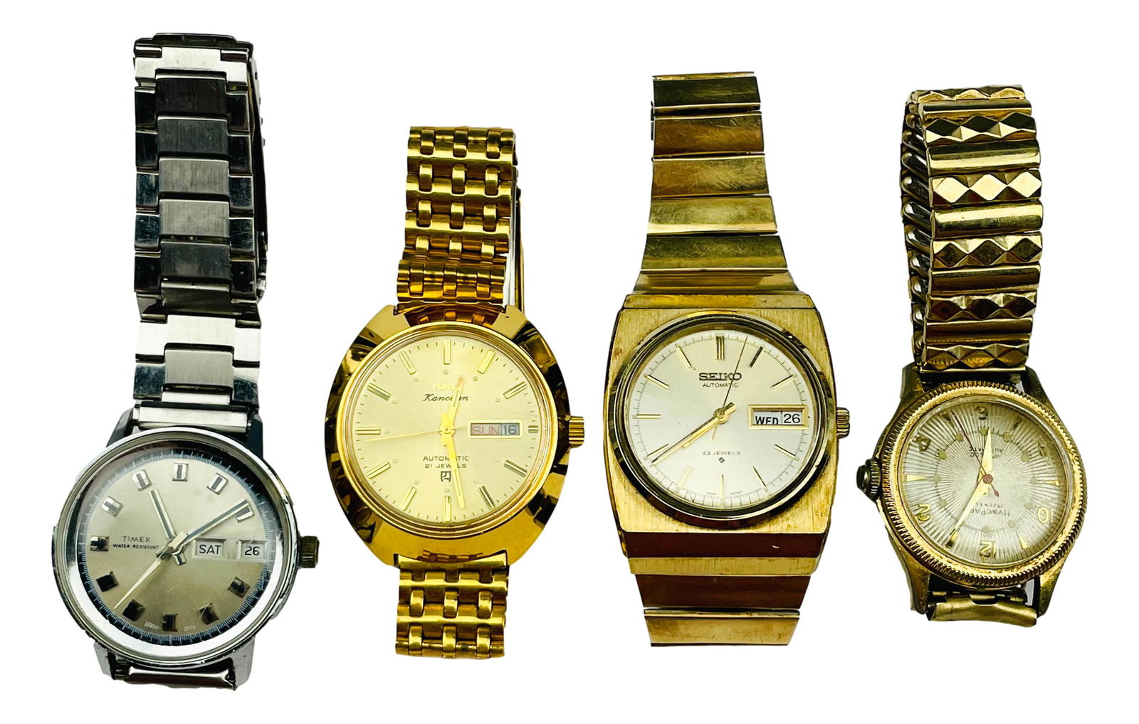 Timex Seiko Hyde Park HMT Men Wrist Watch 4pc LOT: Includes the following wrist watches. 1 x Timex Water Resistant with day and date function. 1 x Seiko Automatic 23 Jewels with day and date function. Model number 5606-6029. 1 x HMT Kanchan with day a