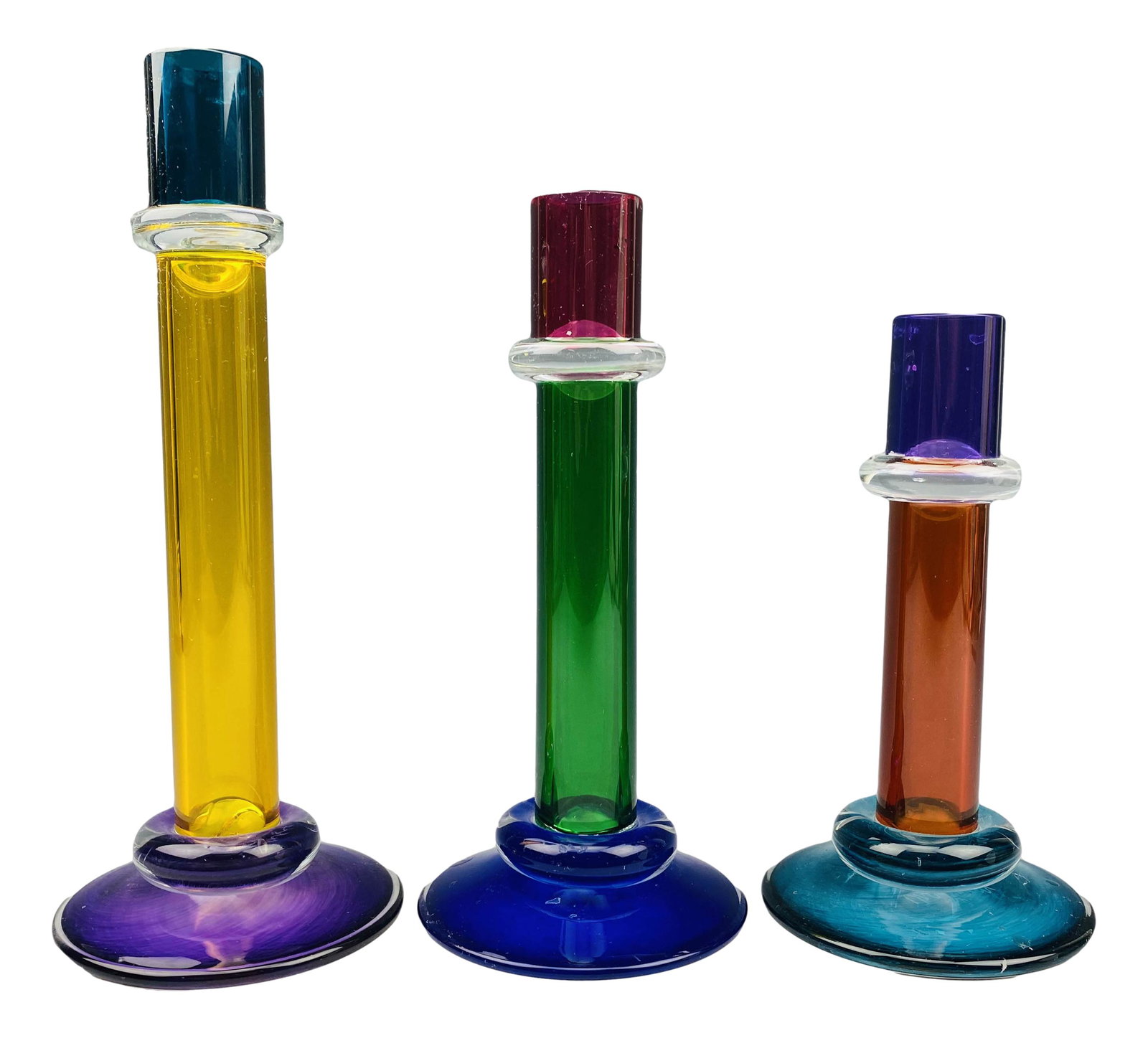 Chatham Glass Jewel Series Candle Holder 3pc LOT: 20th century studio hand blown Multi Colored shelf mantle art glass Candle Holders. All 3 feature distinct colors of red, green, blue, orange and amber at different sections with colorless rings aroun