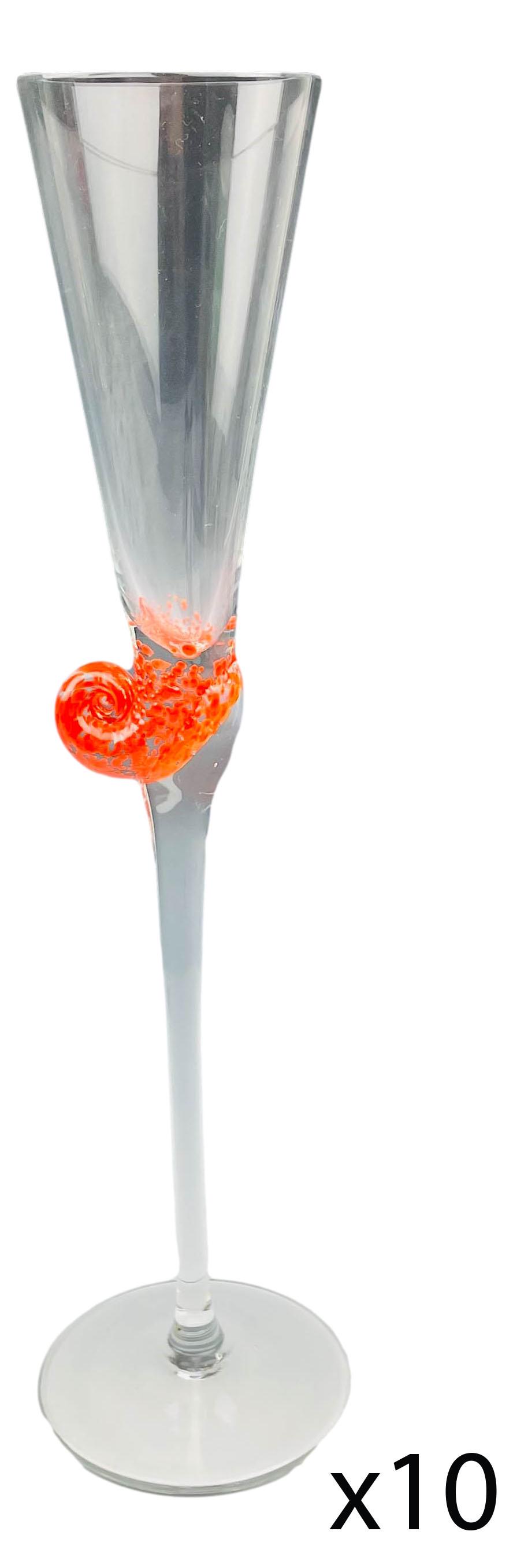 Murano Style Snail Handle Champagne Goblets x 10: Studio hand blown art glass clear toasting champagne glass flutes with applied partial snail / escargot forms on the stems with cased spatterware designs within. 4 have blue snails, 4 with orange red 